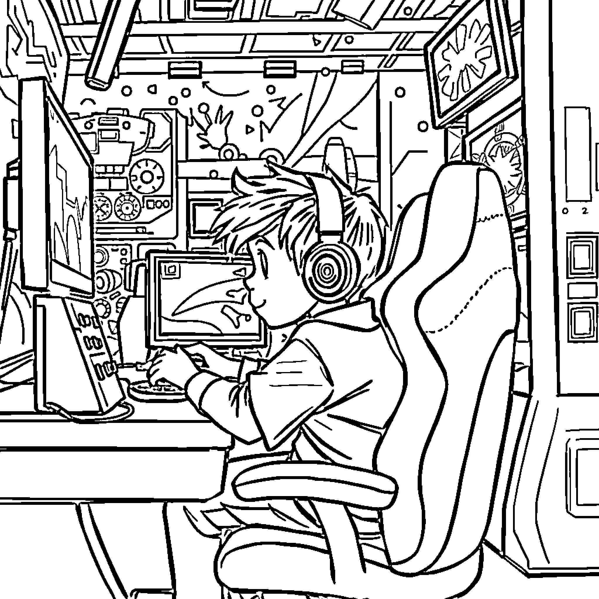 Gamer deeply immersed in video game console Coloring Page (free black-and-white line drawing printable PDF for all, from beginners to advanced learners, including children, teens, adults, and seniors)