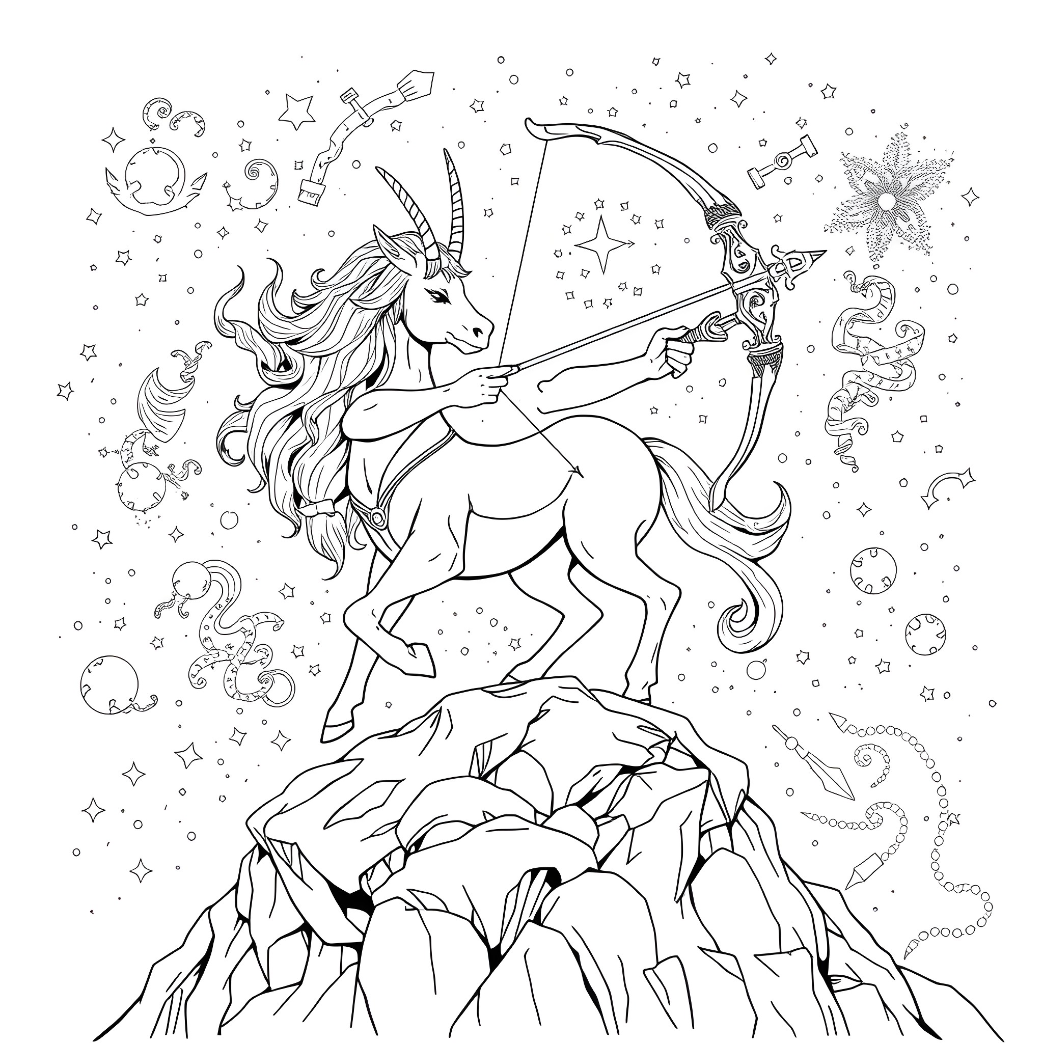 Sagittarius the Archer Shooting Stars in the Cosmos Coloring Page (free black-and-white line drawing printable PDF for all, from beginners to advanced learners, including children, teens, adults, and seniors)