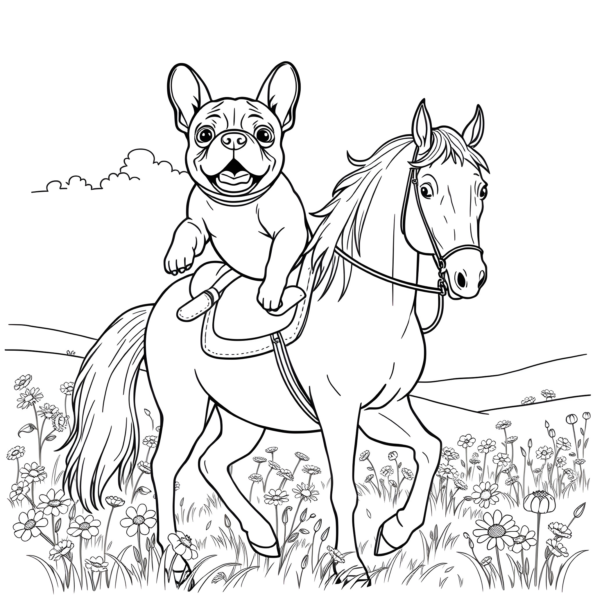 Frenchie riding a horse through a meadow Coloring Page (free black-and-white line drawing printable PDF for all, from beginners to advanced learners, including children, teens, adults, and seniors)