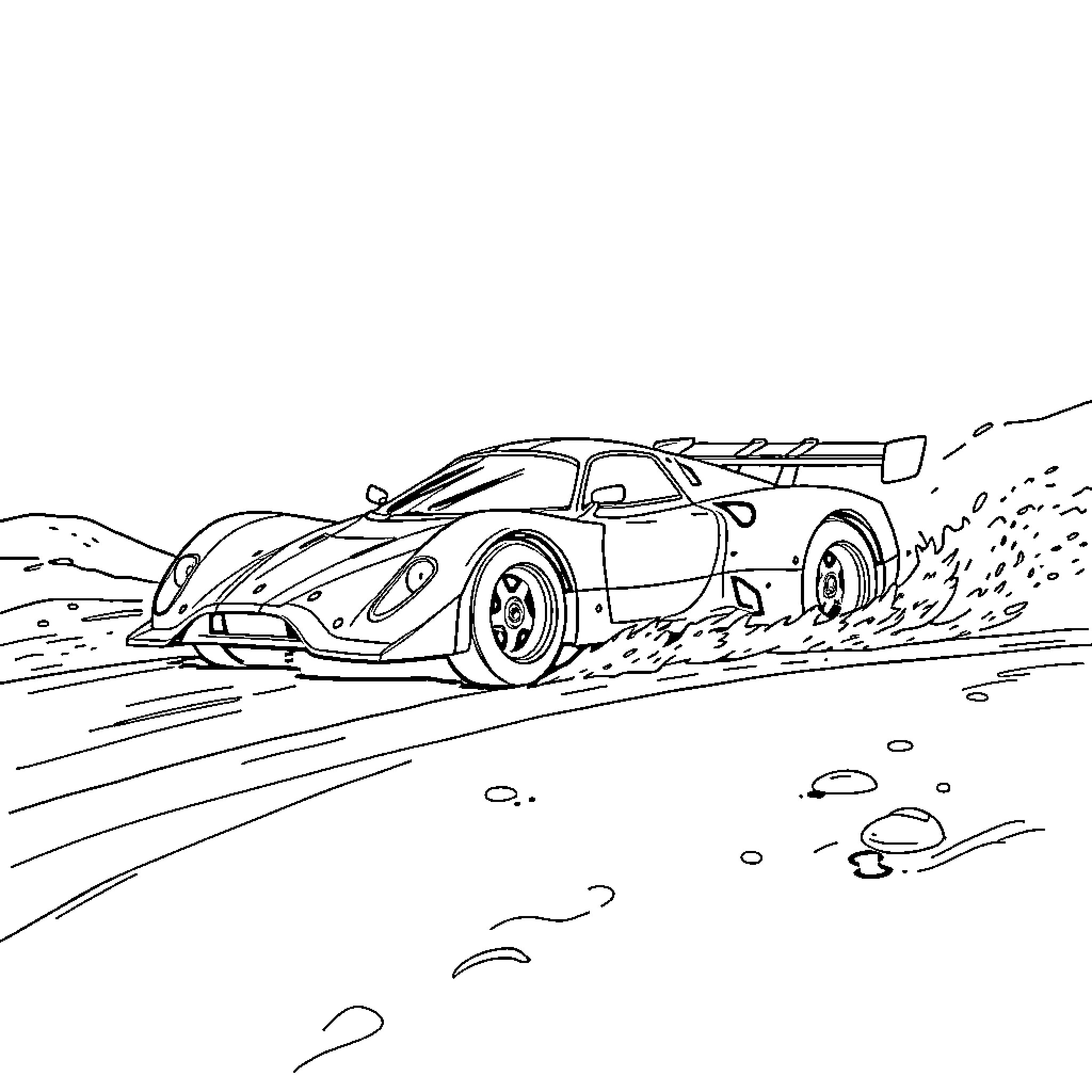 Race Car Speeding on Dusty Off-Road Track Coloring Page (free black-and-white line drawing printable PDF for all, from beginners to advanced learners, including children, teens, adults, and seniors)