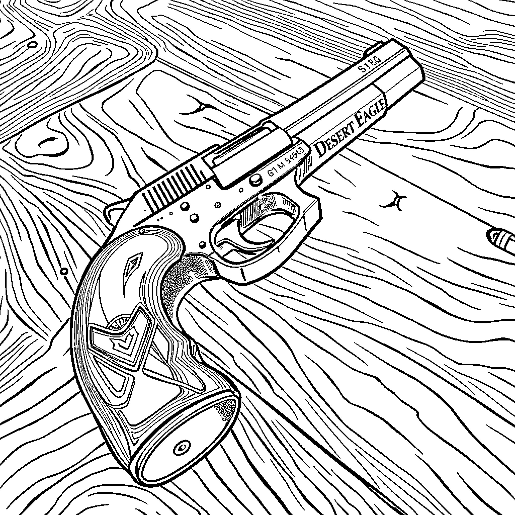 Eagle-eyed Vigilante's Firearm on Textured Surface Coloring Page (free black-and-white line drawing printable PDF for all, from beginners to advanced learners, including children, teens, adults, and seniors)