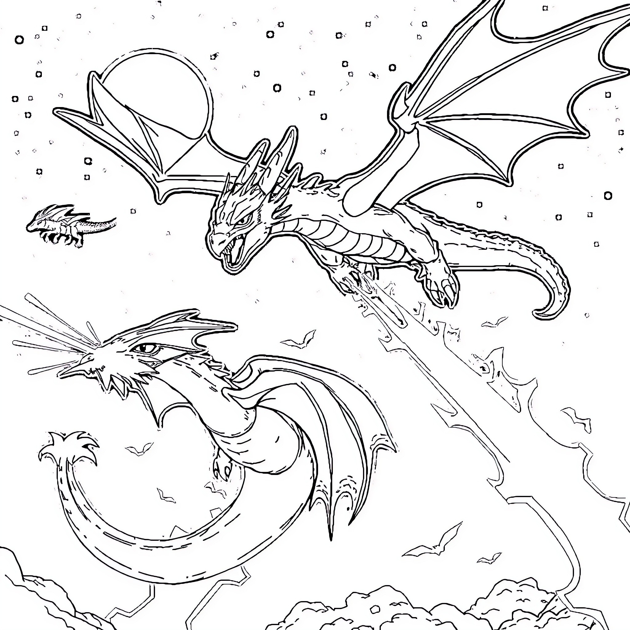 Dragon Warriors Soaring through the Skies Coloring Page (free black-and-white line drawing printable PDF for all, from beginners to advanced learners, including children, teens, adults, and seniors)