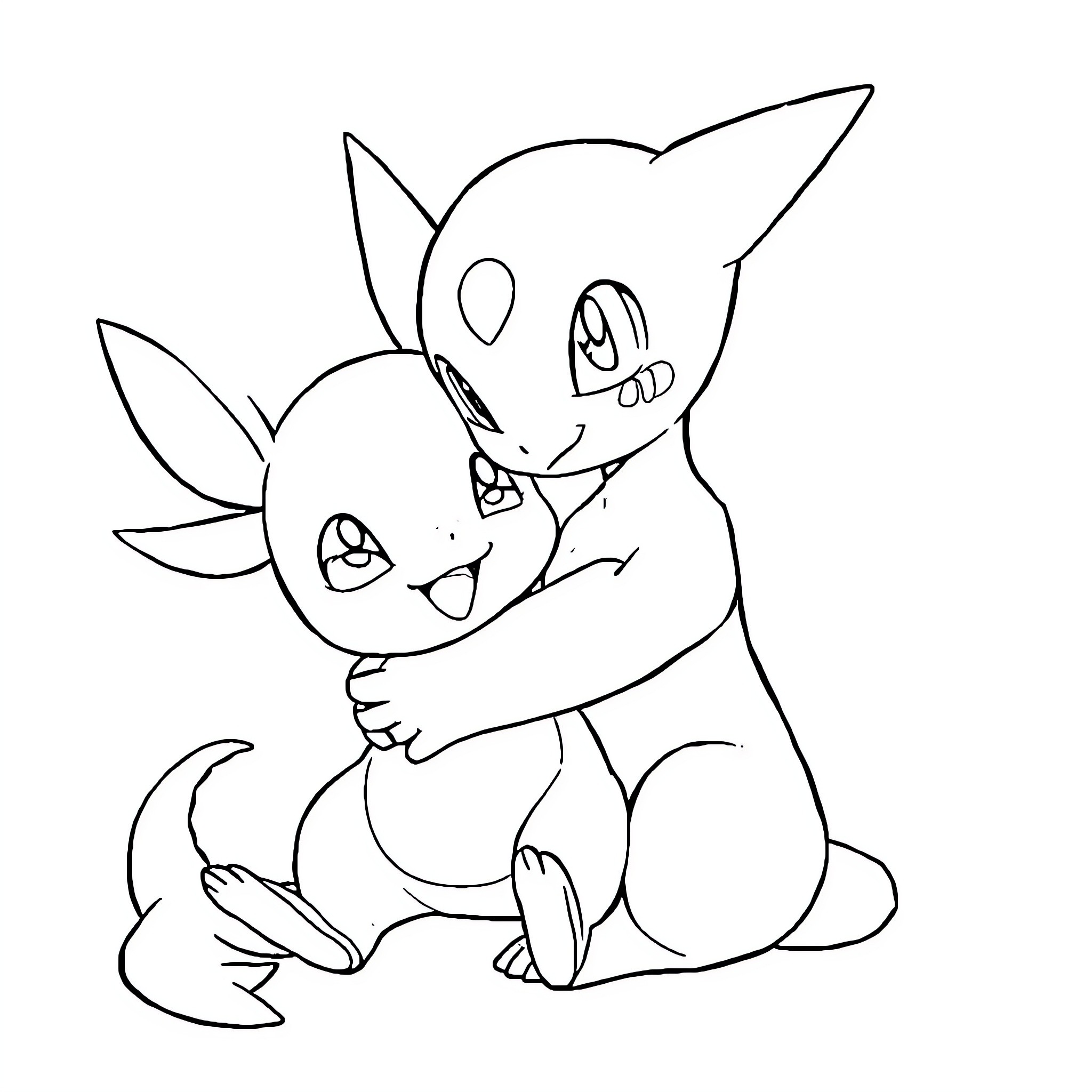 Mewtwo and Pikachu playfully interacting Coloring Page (free black-and-white line drawing printable PDF for all, from beginners to advanced learners, including children, teens, adults, and seniors)