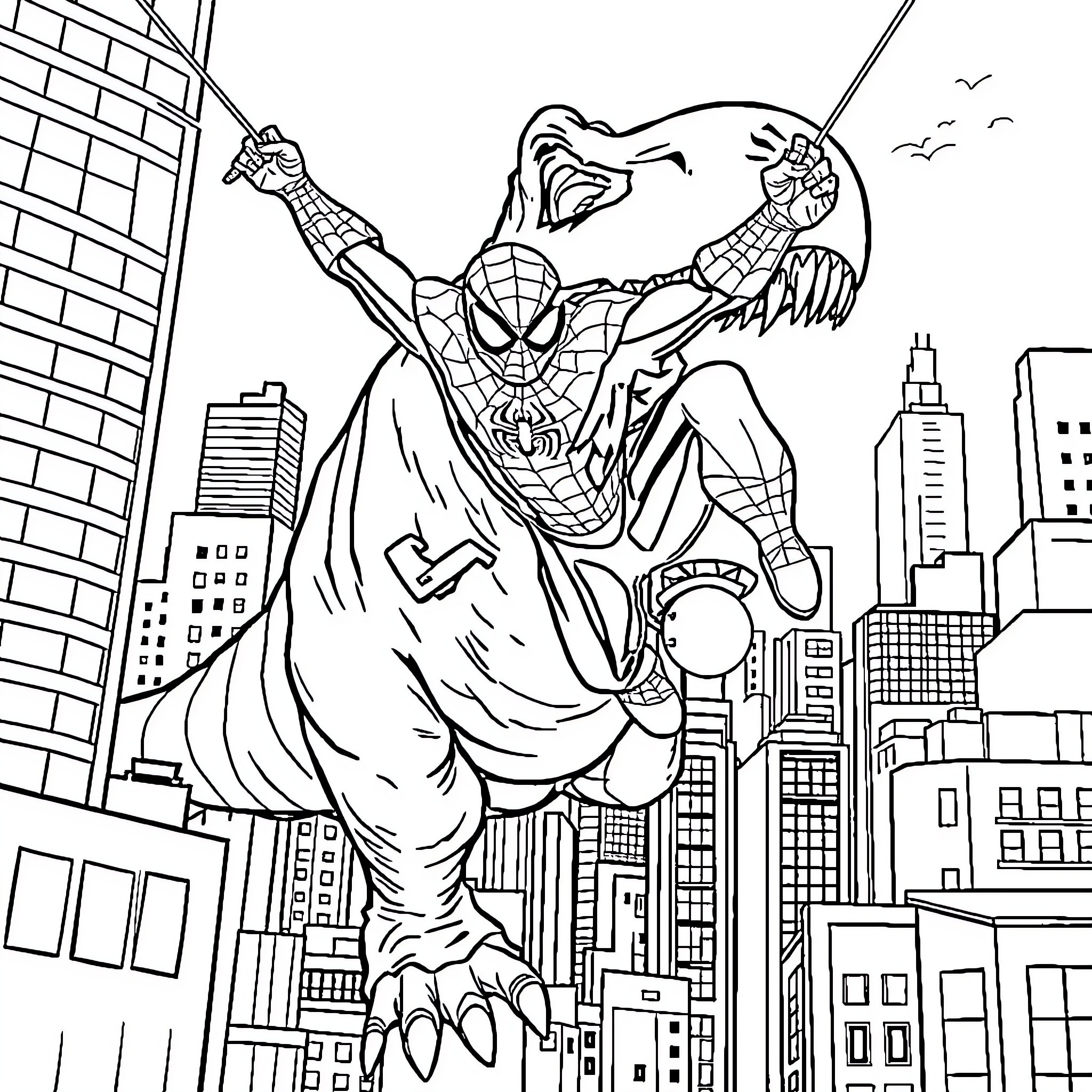 Spiderman battling a monstrous foe in the city Coloring Page (free black-and-white line drawing printable PDF for all, from beginners to advanced learners, including children, teens, adults, and seniors)