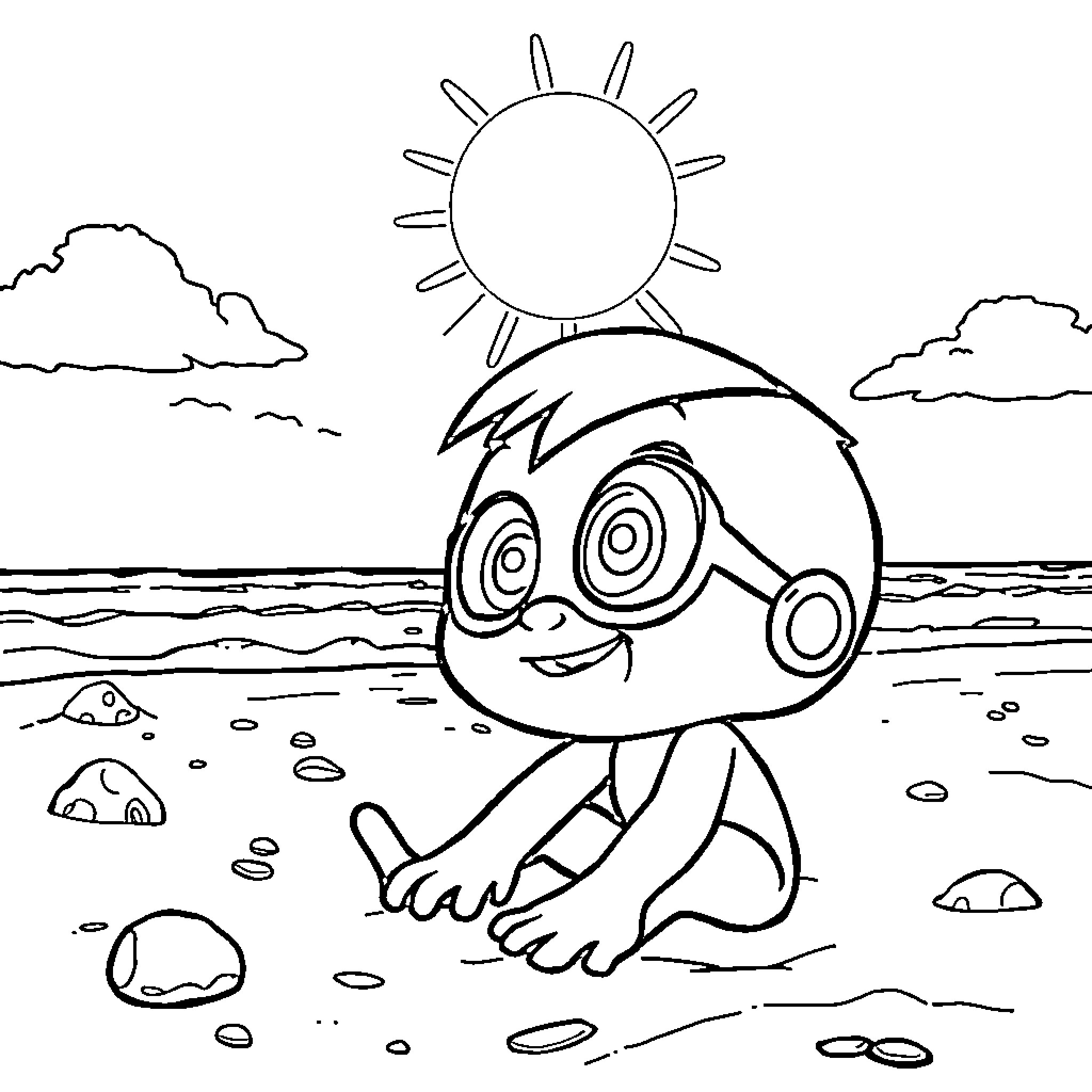 Ben10 enjoying a sunny day at the beach Coloring Page (free black-and-white line drawing printable PDF for all, from beginners to advanced learners, including children, teens, adults, and seniors)