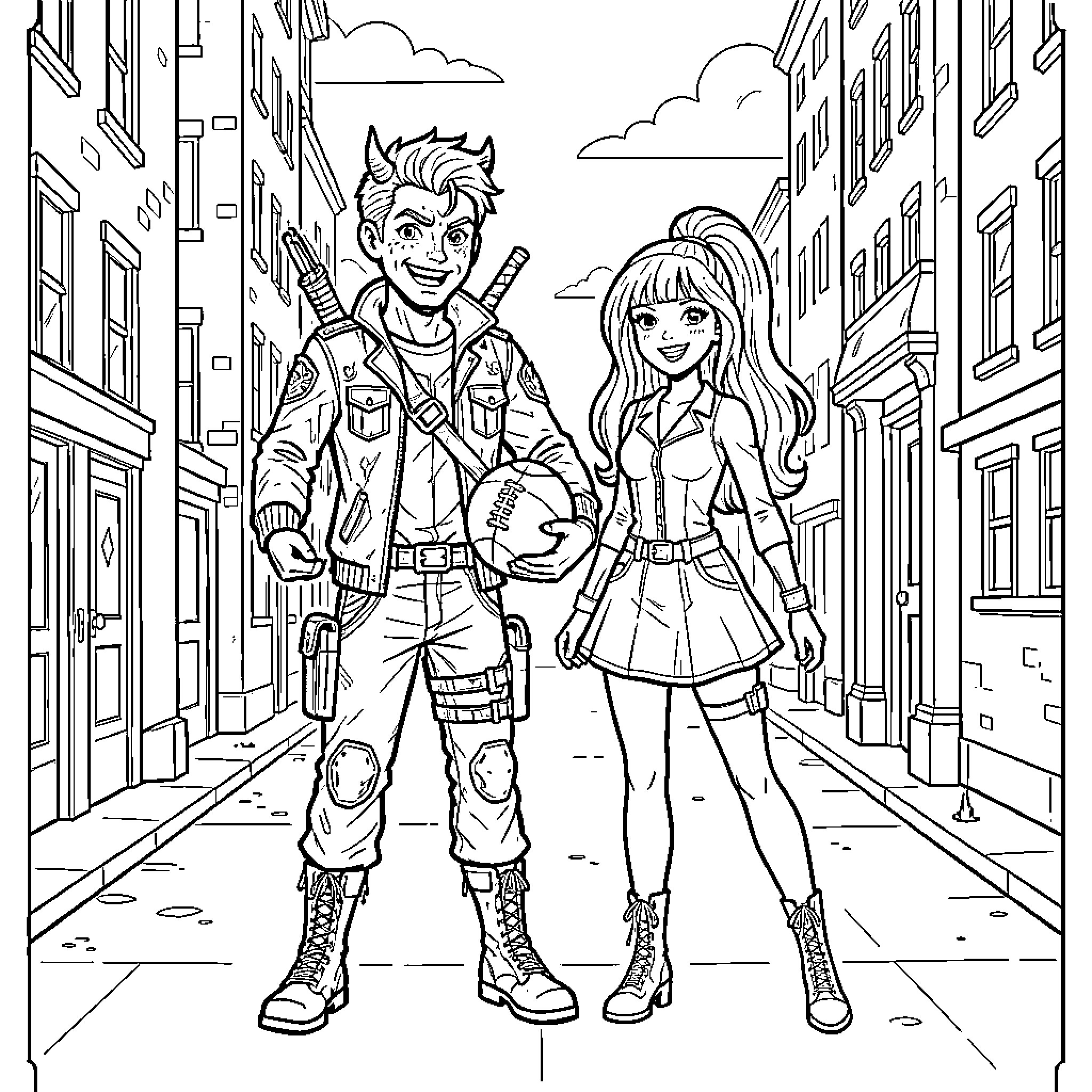 Romy and a friend standing in a city street Coloring Page (free black-and-white line drawing printable PDF for all, from beginners to advanced learners, including children, teens, adults, and seniors)