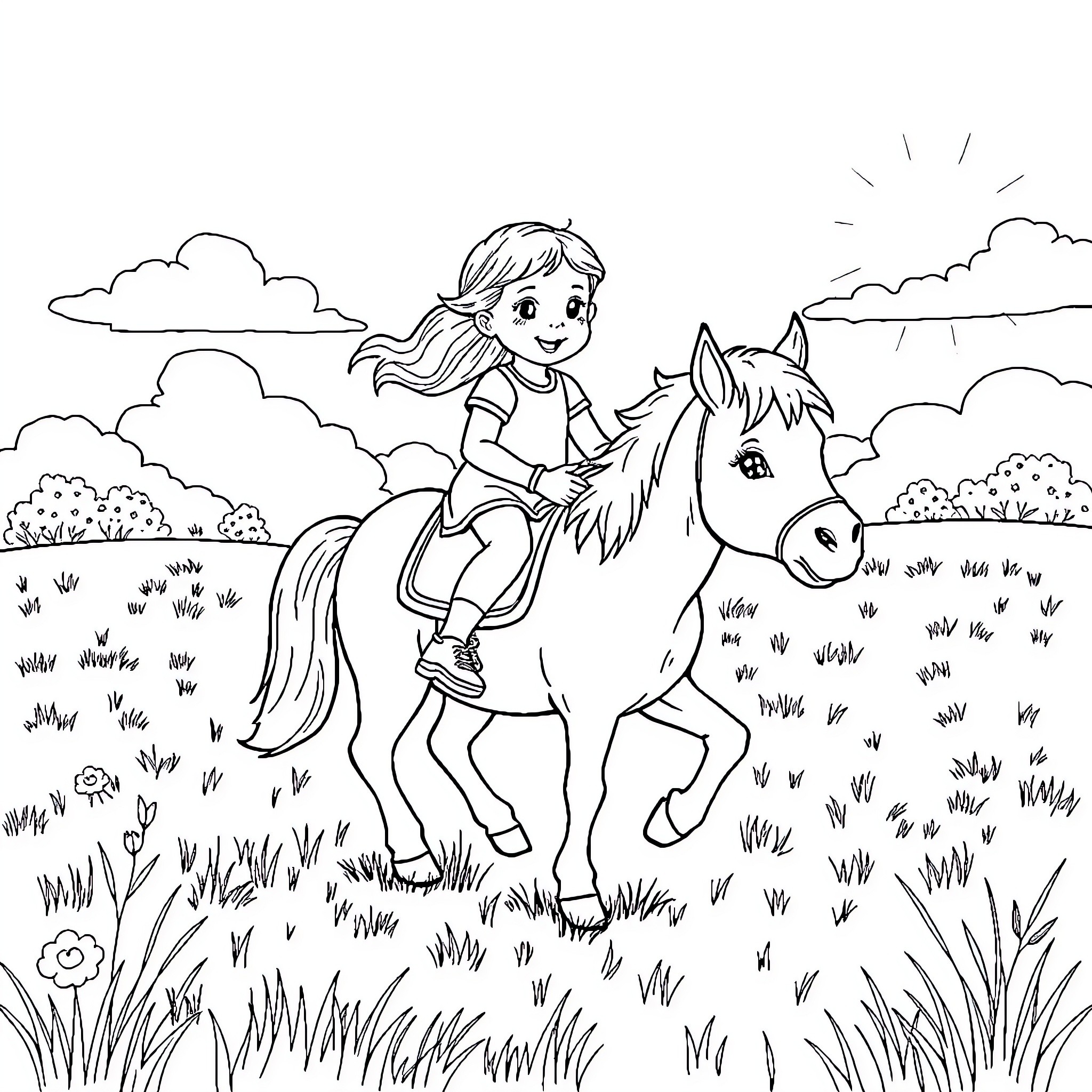 Girl riding horse through grassy field Coloring Page (free black-and-white line drawing printable PDF for all, from beginners to advanced learners, including children, teens, adults, and seniors)