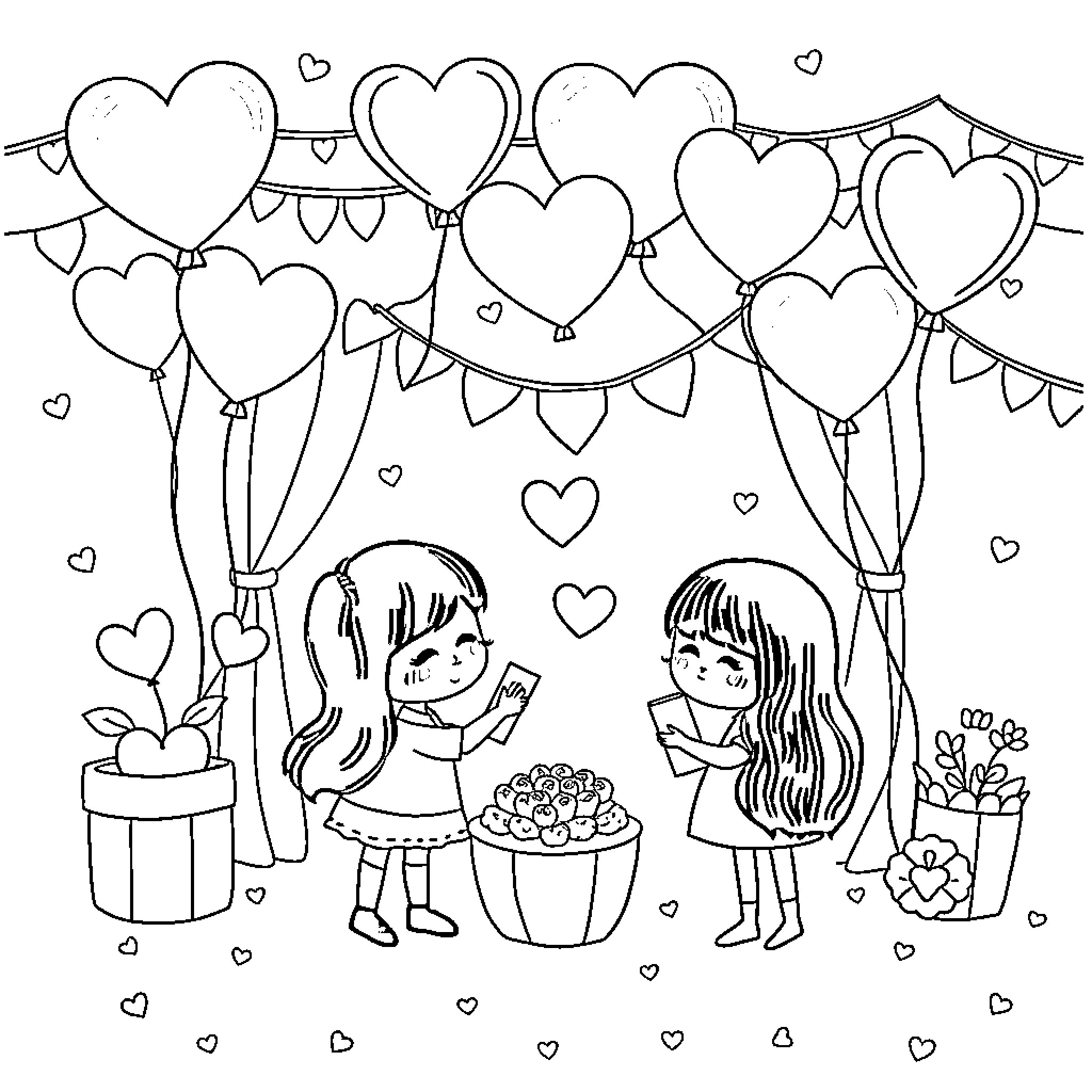 Valentine's Day Celebration with Balloons and Flowers Coloring Page (free black-and-white line drawing printable PDF for all, from beginners to advanced learners, including children, teens, adults, and seniors)