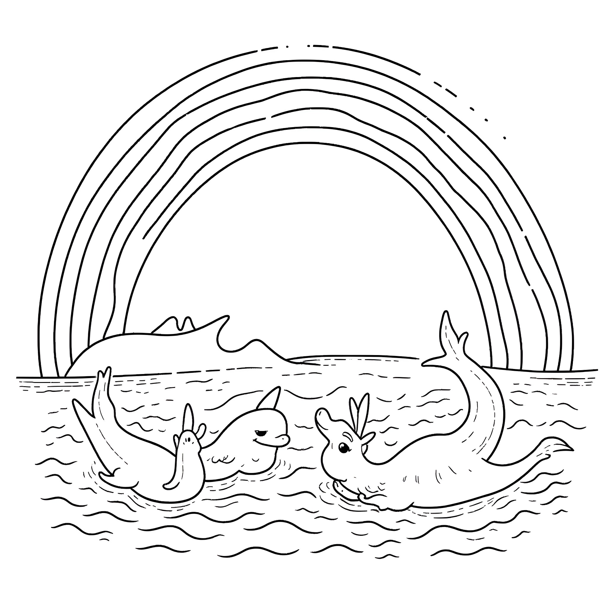 Dolphin friends frolicking in the waves Coloring Page (free black-and-white line drawing printable PDF for all, from beginners to advanced learners, including children, teens, adults, and seniors)