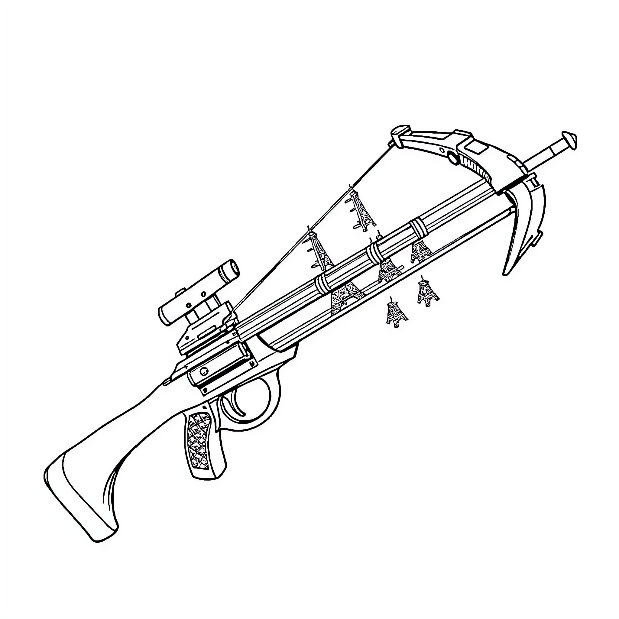 Crossbow with ornate design and accessories Coloring Page (free black-and-white line drawing printable PDF for all, from beginners to advanced learners, including children, teens, adults, and seniors)