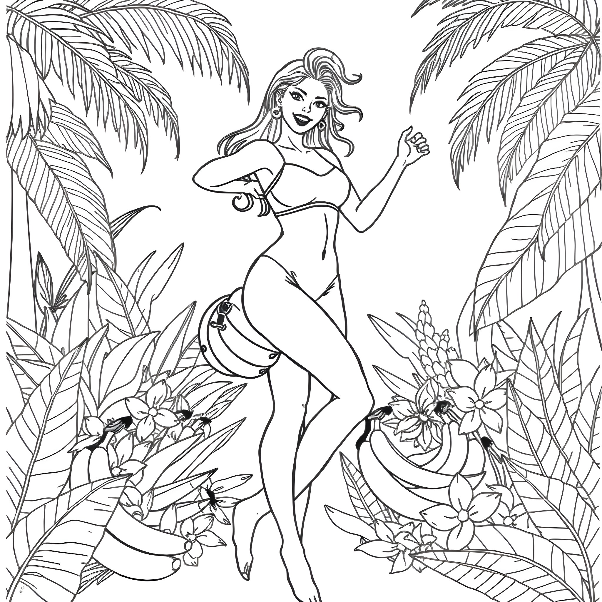 Woman dancing among tropical plants and flowers Coloring Page (free black-and-white line drawing printable PDF for all, from beginners to advanced learners, including children, teens, adults, and seniors)