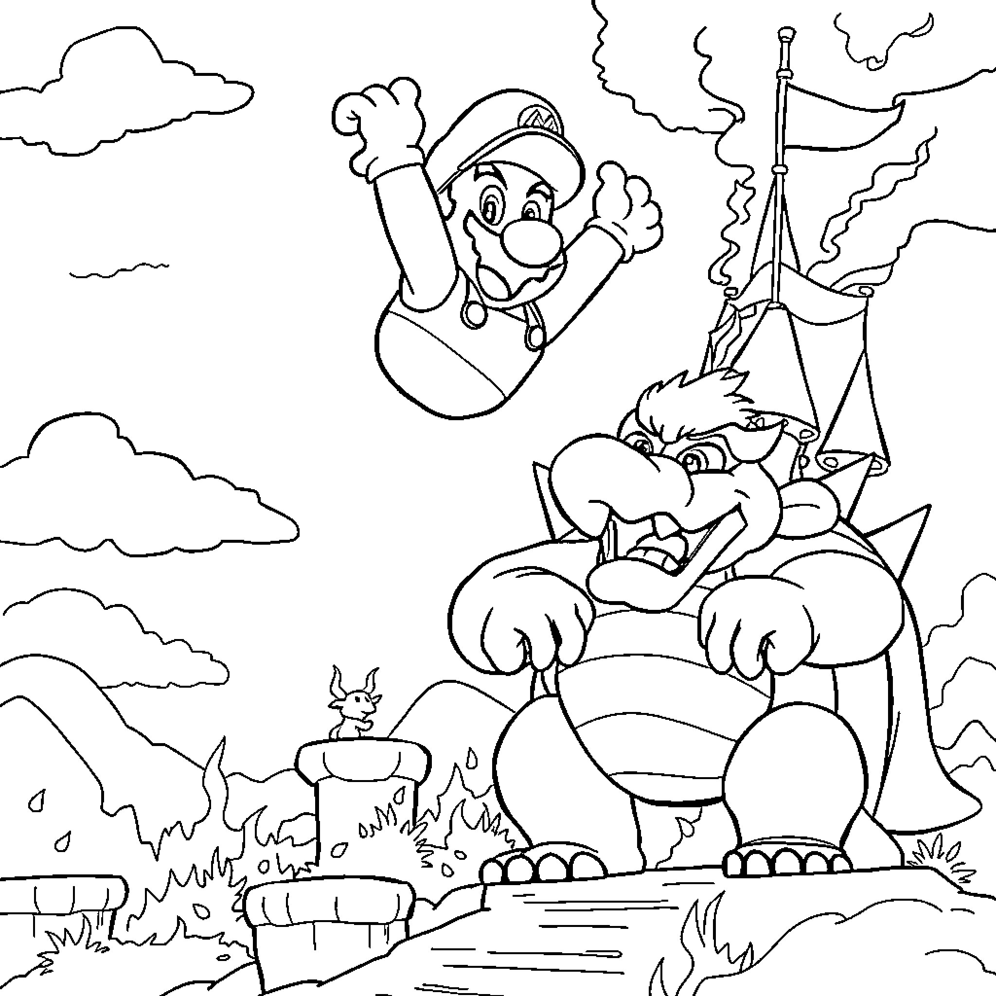 Super Mario Jumping Heroically Over Bowser Coloring Page (free black-and-white line drawing printable PDF for all, from beginners to advanced learners, including children, teens, adults, and seniors)