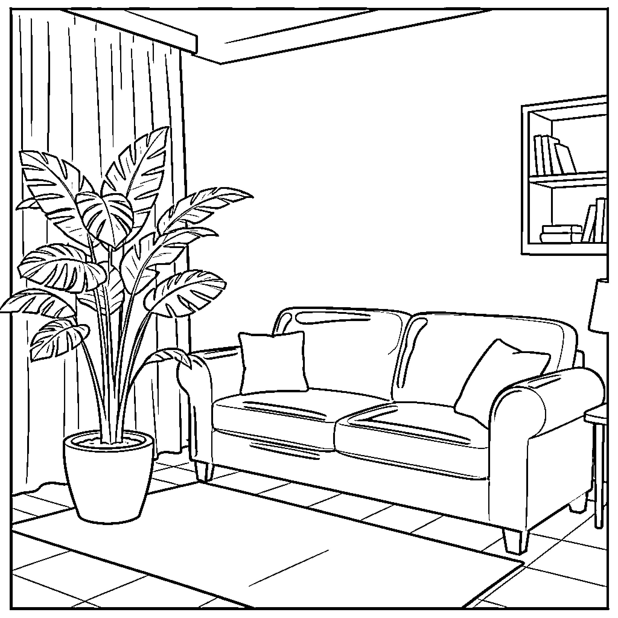 Plant decorating cozy indoor living space Coloring Page (free black-and-white line drawing printable PDF for all, from beginners to advanced learners, including children, teens, adults, and seniors)