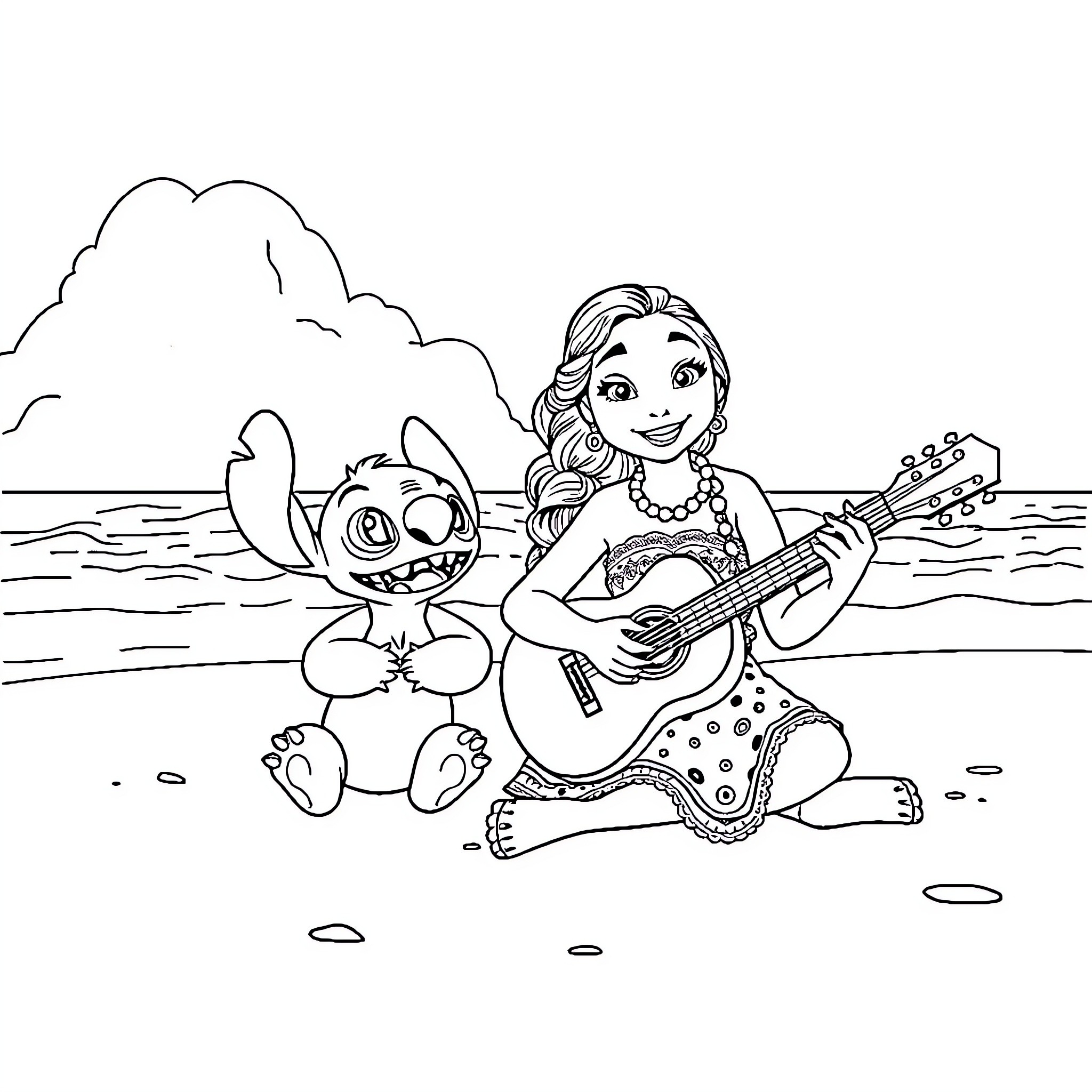Moana playing guitar with Stitch on the beach Coloring Page (free black-and-white line drawing printable PDF for all, from beginners to advanced learners, including children, teens, adults, and seniors)