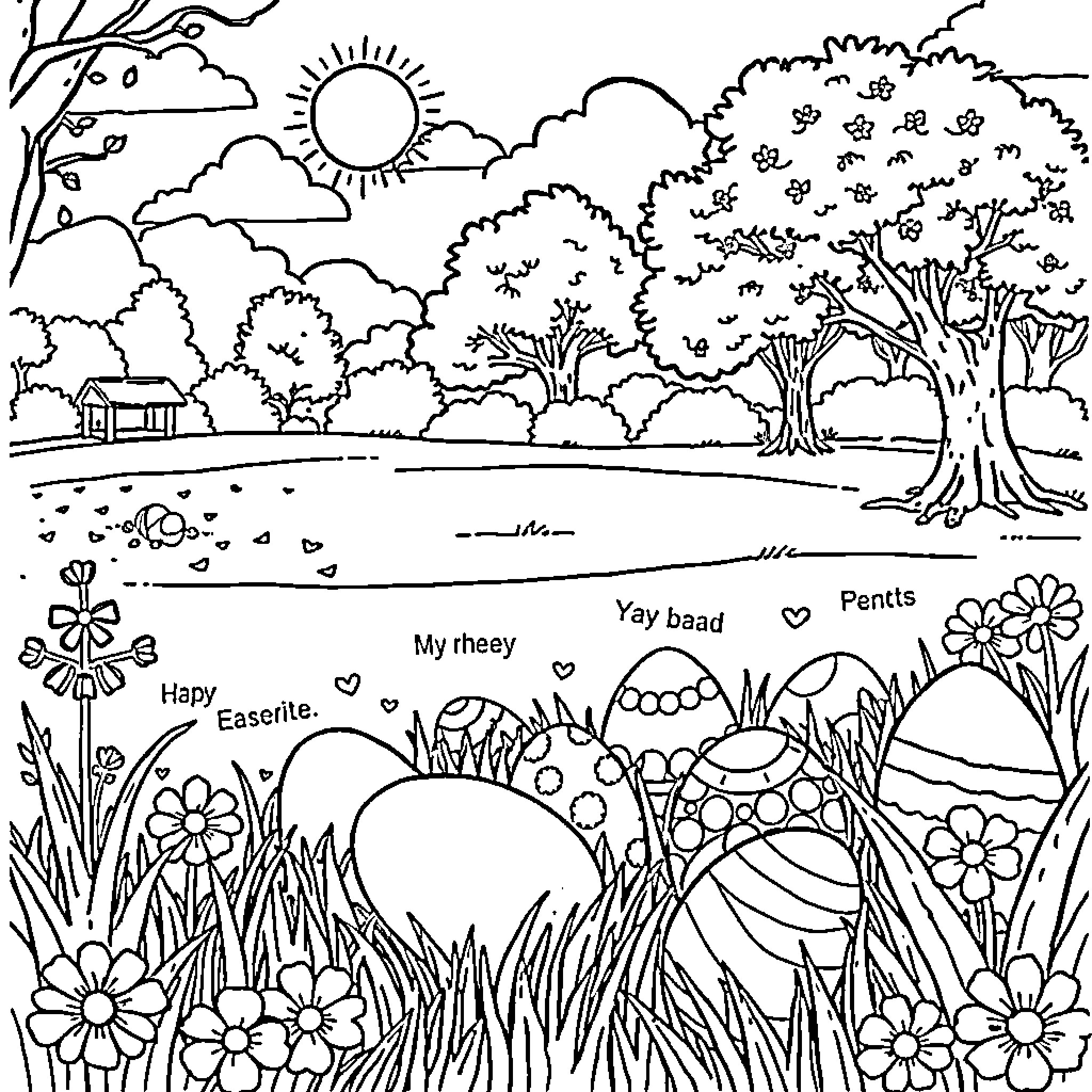 Easter Spring Landscape with Flowers and Trees Coloring Page (free black-and-white line drawing printable PDF for all, from beginners to advanced learners, including children, teens, adults, and seniors)