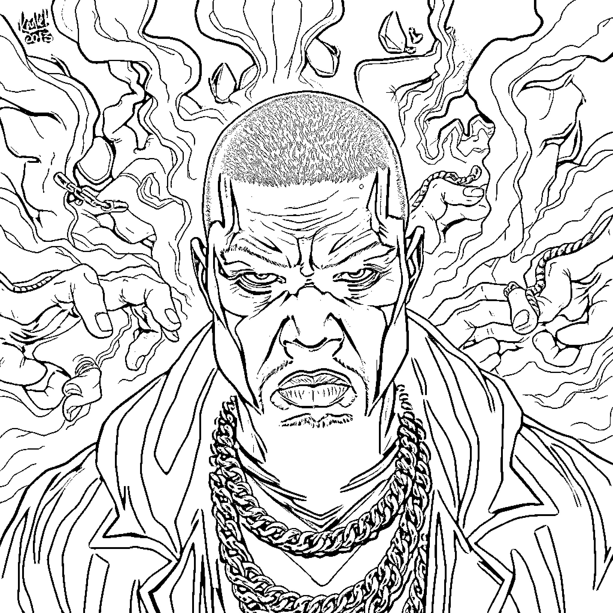 Kanye West's Intense Visage with Intricate Detailing Coloring Page (free black-and-white line drawing printable PDF for all, from beginners to advanced learners, including children, teens, adults, and seniors)