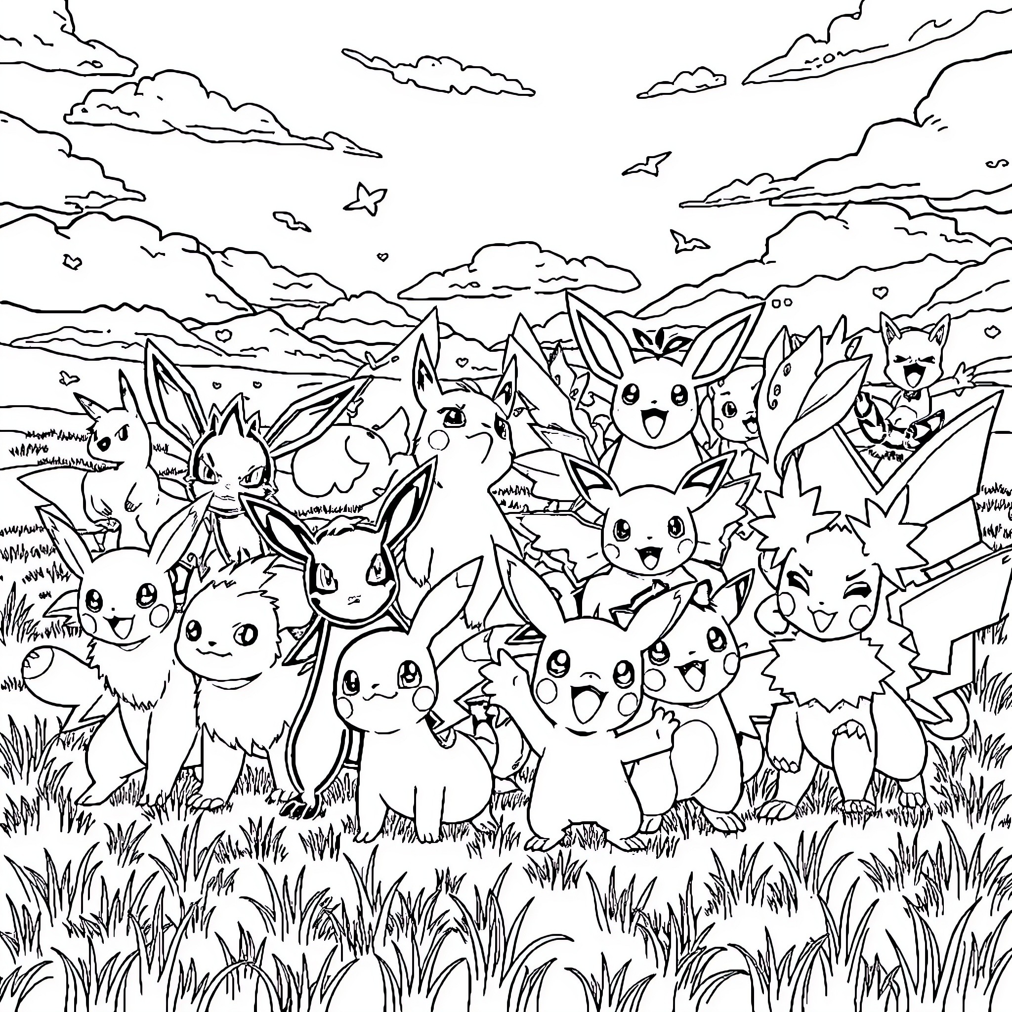 Pokémon characters in a natural outdoor scene Coloring Page (free black-and-white line drawing printable PDF for all, from beginners to advanced learners, including children, teens, adults, and seniors)