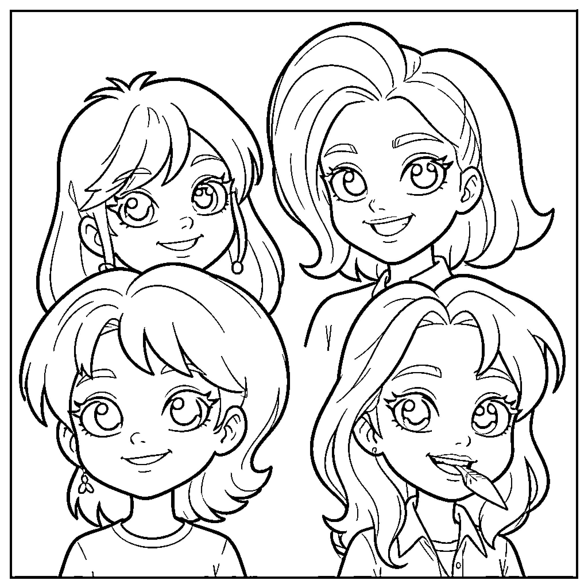 Anime girls smiling and posing for a group portrait Coloring Page (free black-and-white line drawing printable PDF for all, from beginners to advanced learners, including children, teens, adults, and seniors)