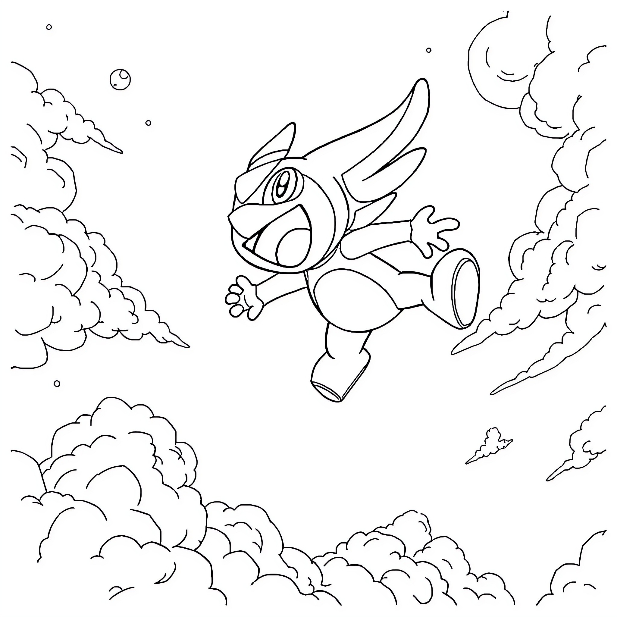 Doremon flying through the night sky Coloring Page (free black-and-white line drawing printable PDF for all, from beginners to advanced learners, including children, teens, adults, and seniors)