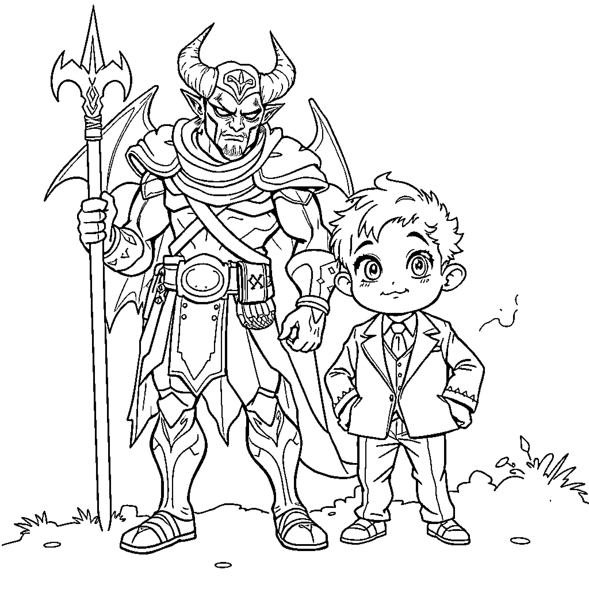 Demon Slayer Protagonist and Powerful Demon Warrior Coloring Page (free black-and-white line drawing printable PDF for all, from beginners to advanced learners, including children, teens, adults, and seniors)