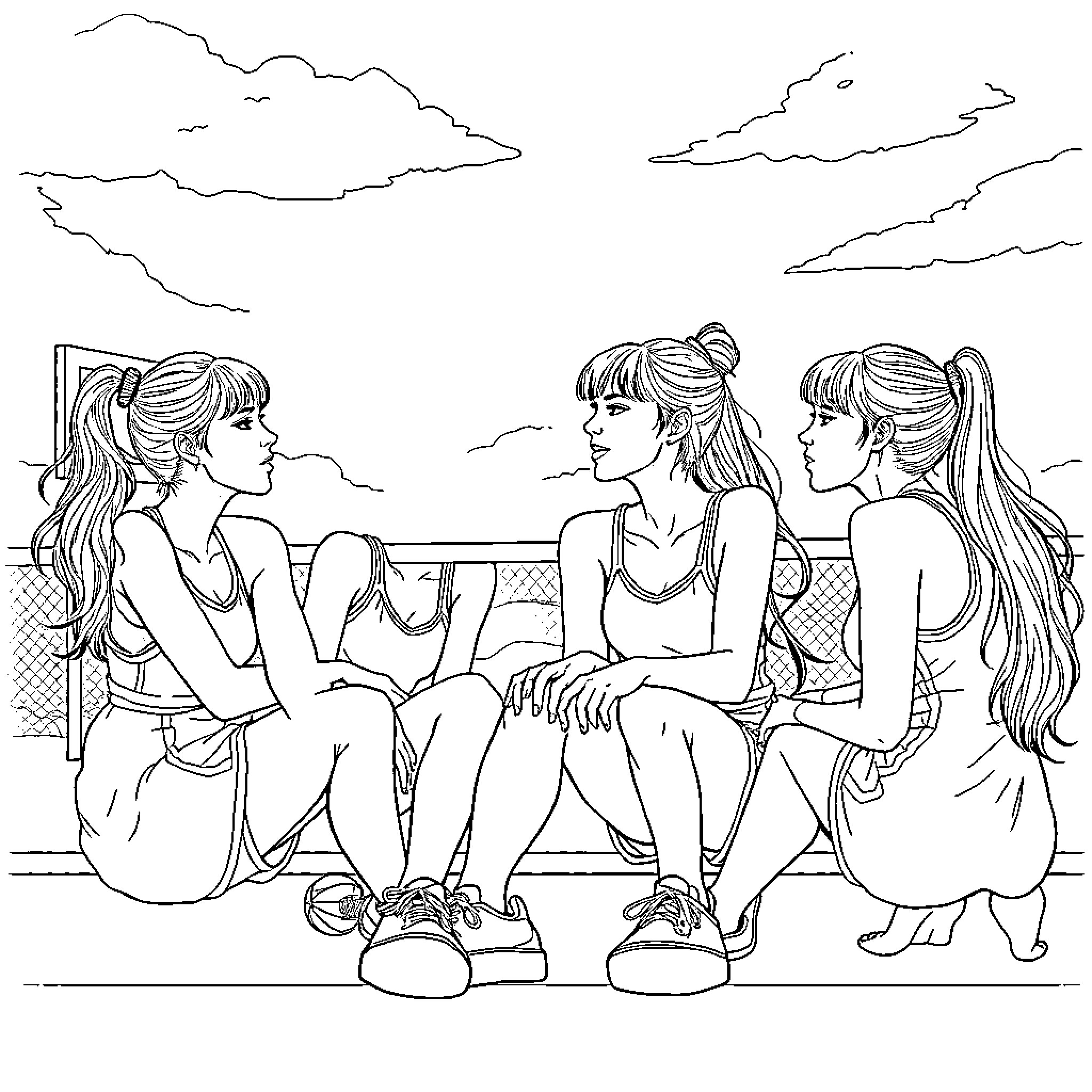Guerrera: Young Women Bonding and Conversing Coloring Page (free black-and-white line drawing printable PDF for all, from beginners to advanced learners, including children, teens, adults, and seniors)