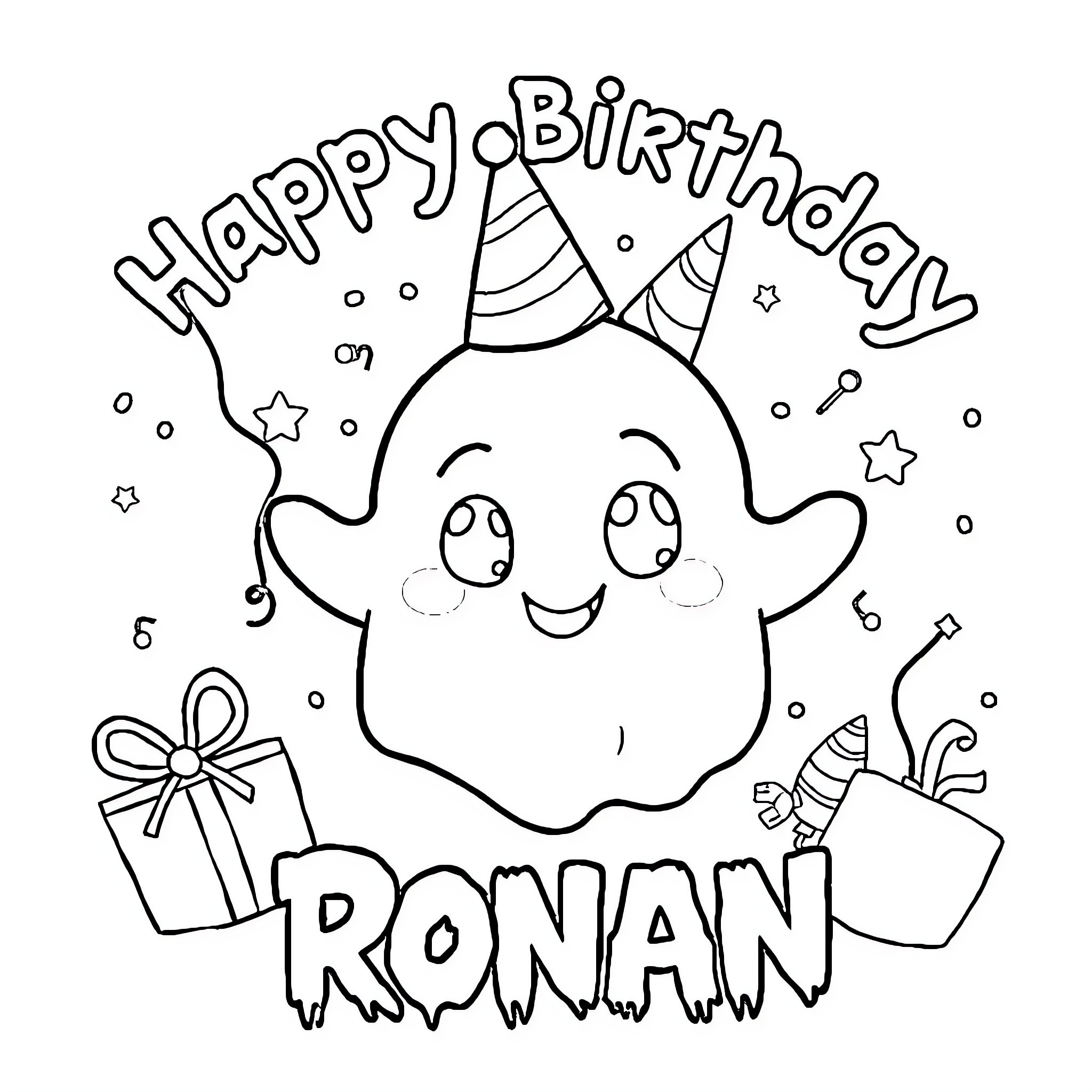 Ghost celebrates happy birthday with presents and party hat Coloring Page (free black-and-white line drawing printable PDF for all, from beginners to advanced learners, including children, teens, adults, and seniors)