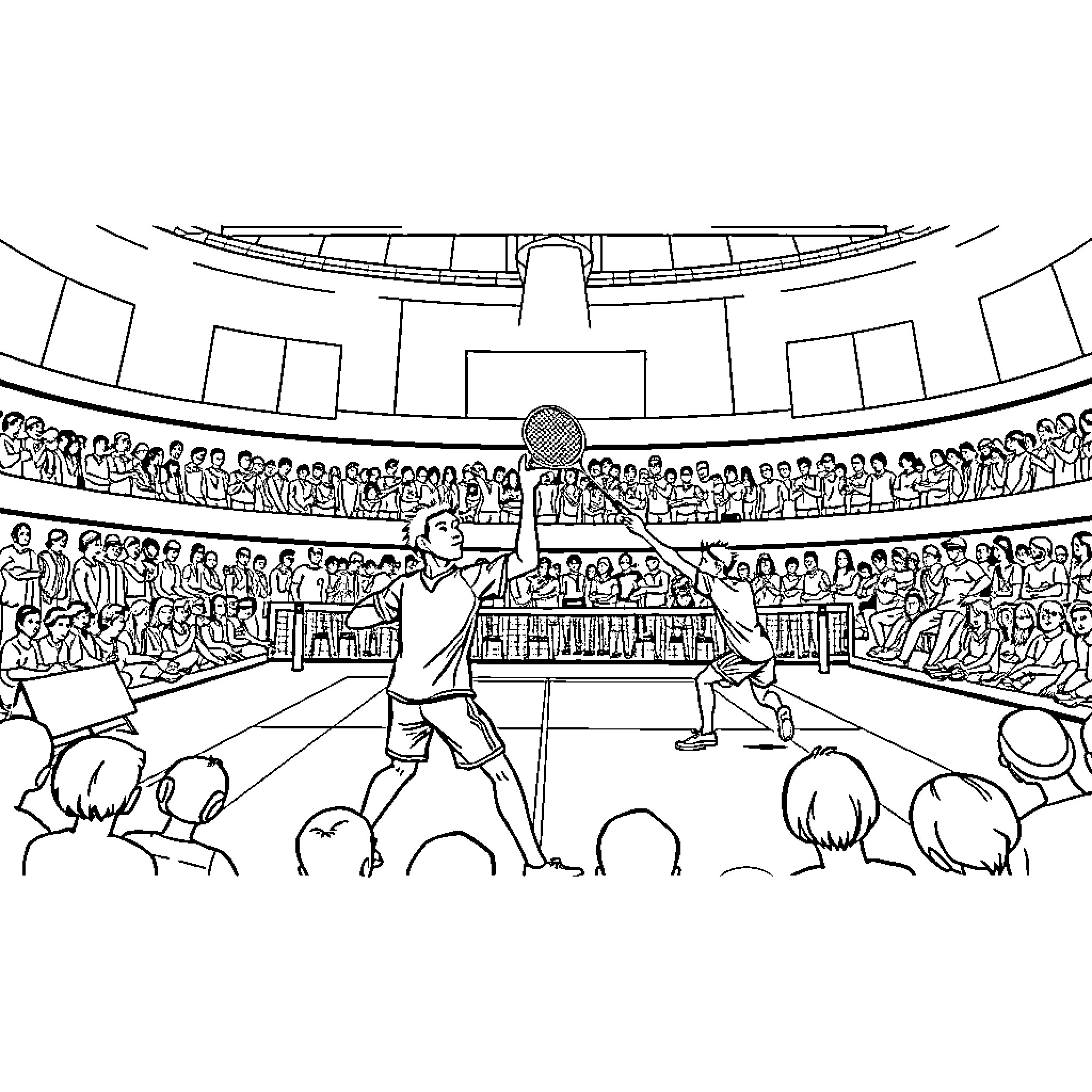 Badminton match in a crowded stadium Coloring Page (free black-and-white line drawing printable PDF for all, from beginners to advanced learners, including children, teens, adults, and seniors)