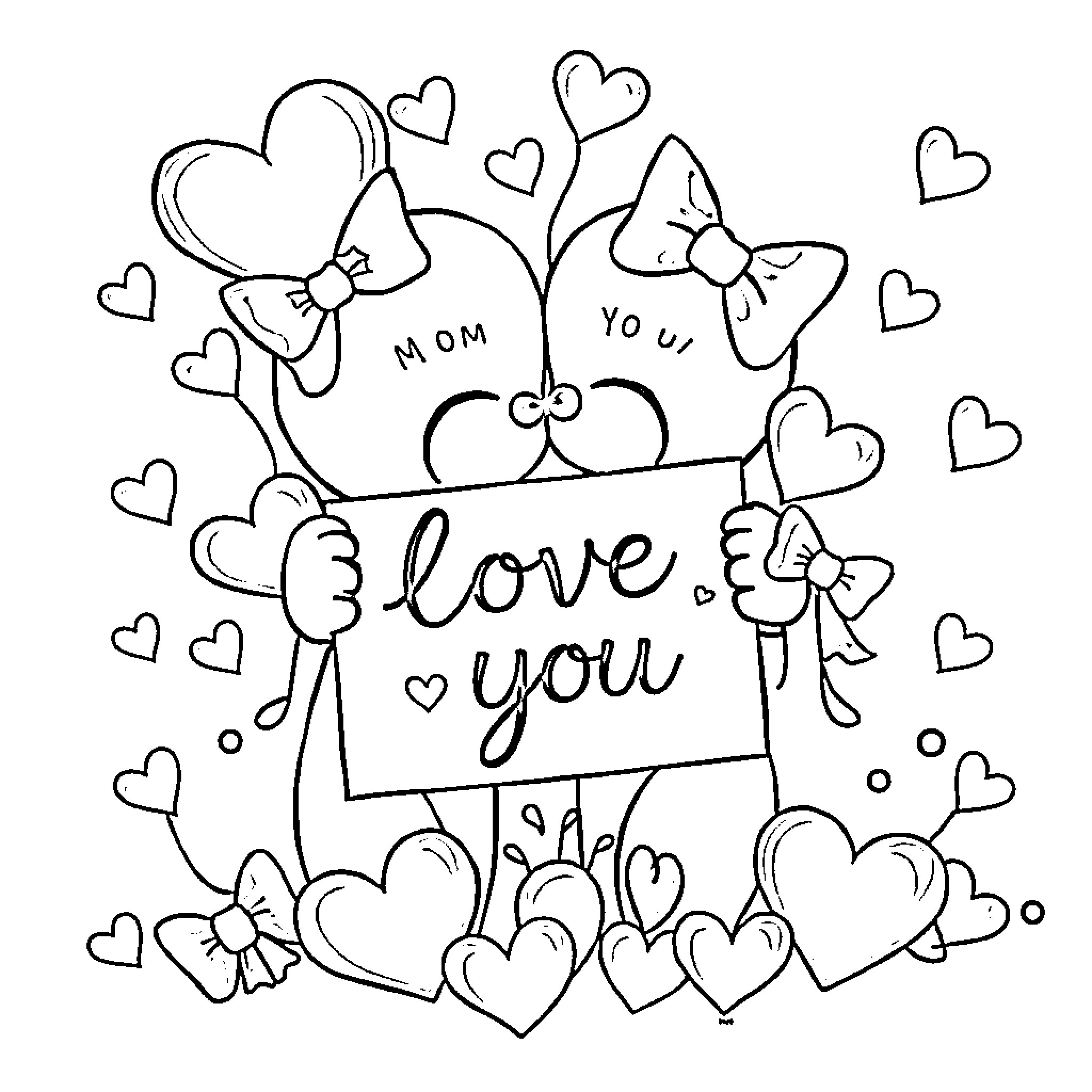 Heart-shaped expressions of love and affection Coloring Page (free black-and-white line drawing printable PDF for all, from beginners to advanced learners, including children, teens, adults, and seniors)