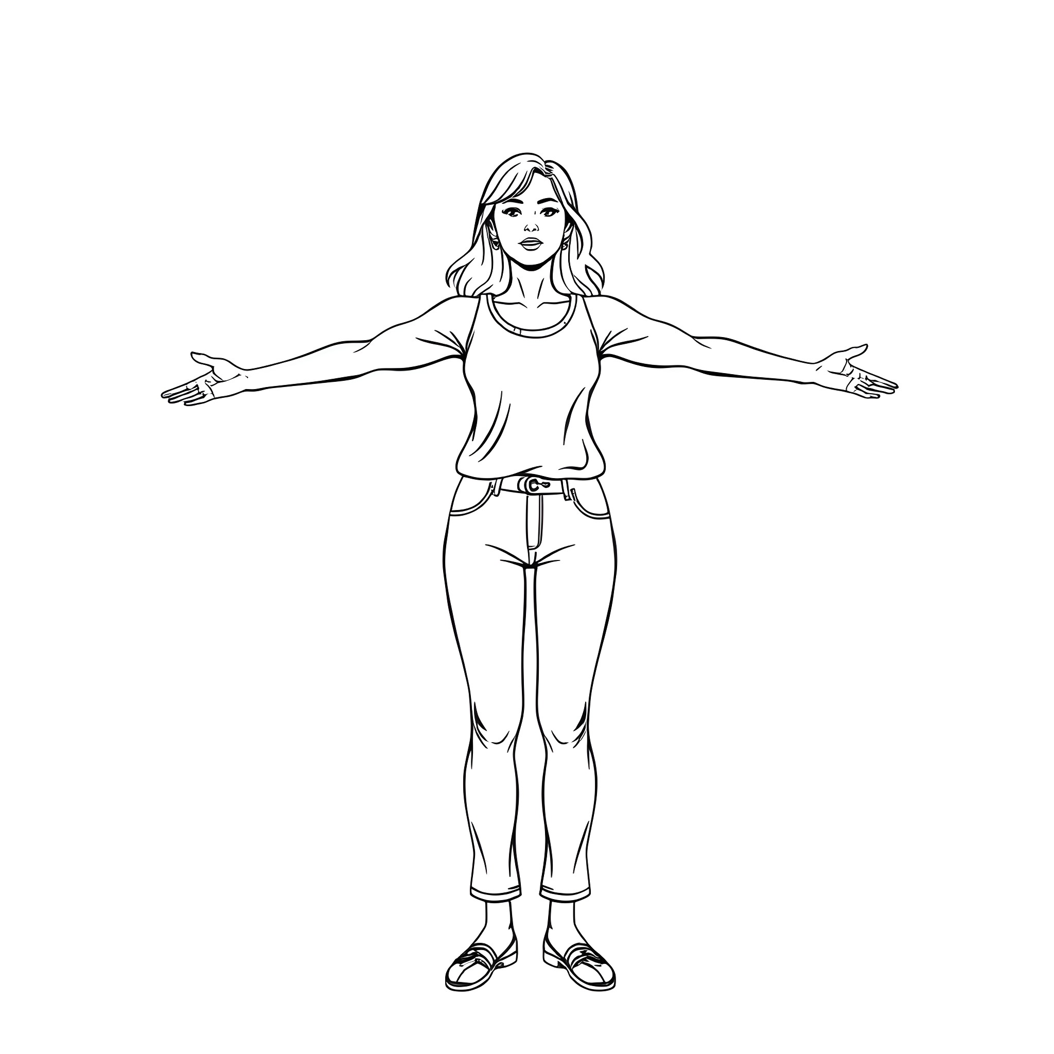 Eagle-eyed woman in casual outfit Coloring Page (free black-and-white line drawing printable PDF for all, from beginners to advanced learners, including children, teens, adults, and seniors)
