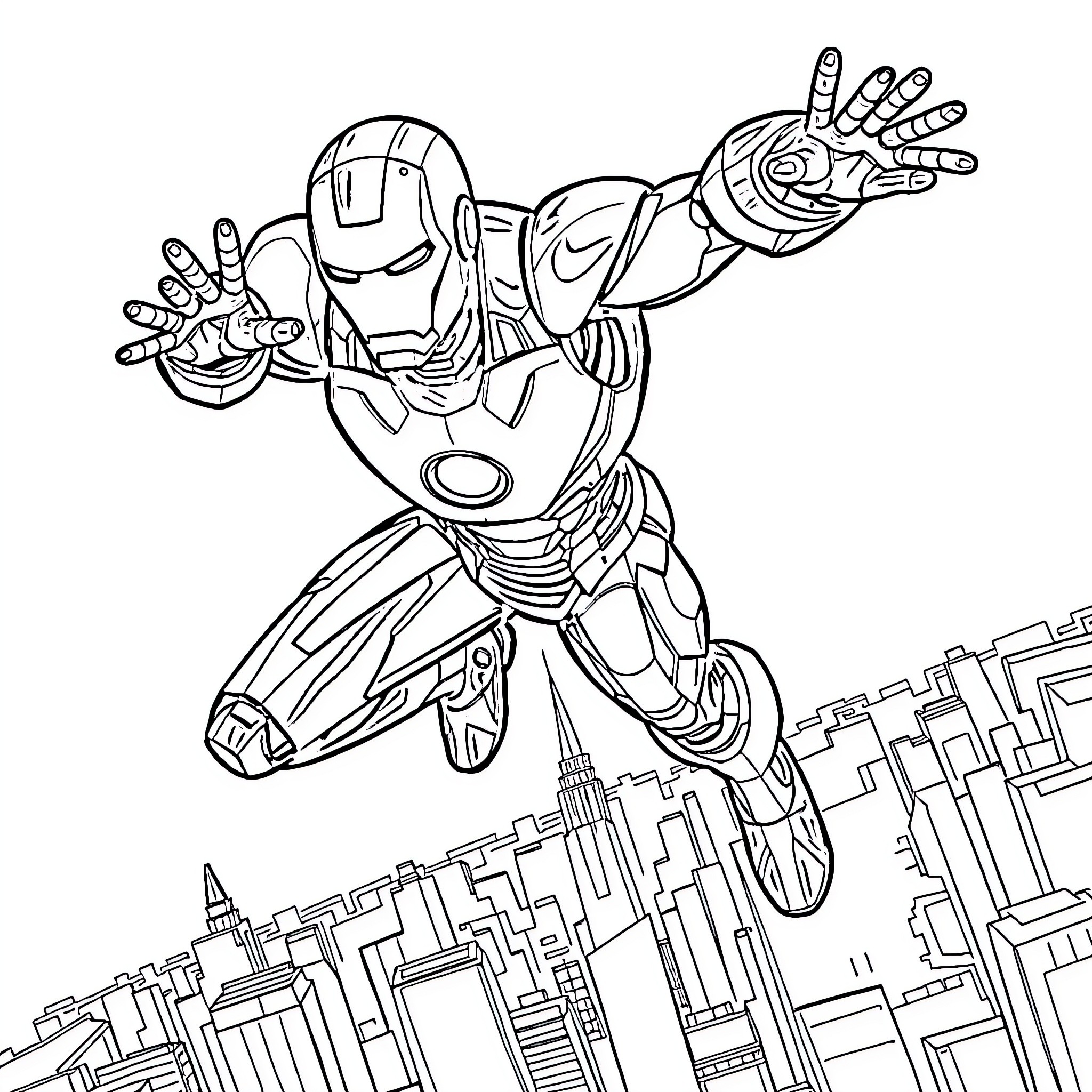 Ironman Soaring over the City in Action-Packed Pose Coloring Page (free black-and-white line drawing printable PDF for all, from beginners to advanced learners, including children, teens, adults, and seniors)