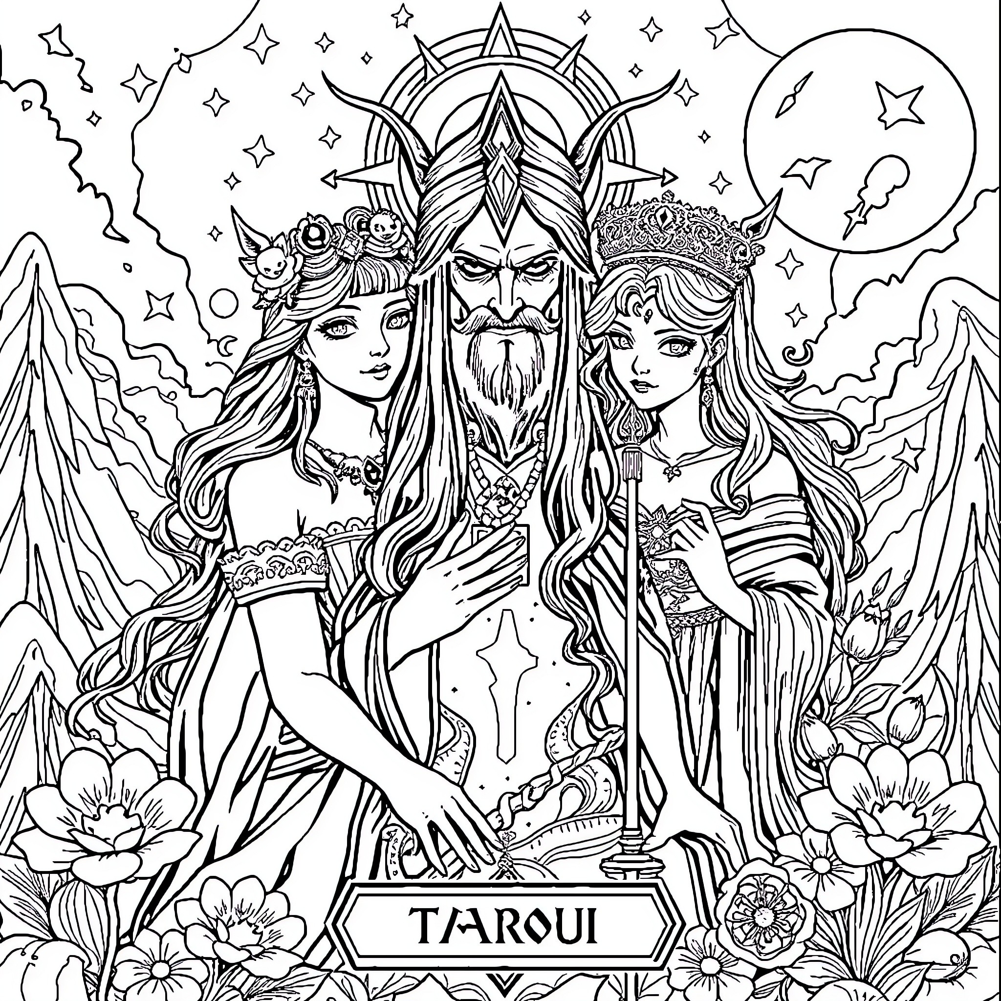 Tarot - Fantasy Figures in Mystical Landscape Coloring Page (free black-and-white line drawing printable PDF for all, from beginners to advanced learners, including children, teens, adults, and seniors)