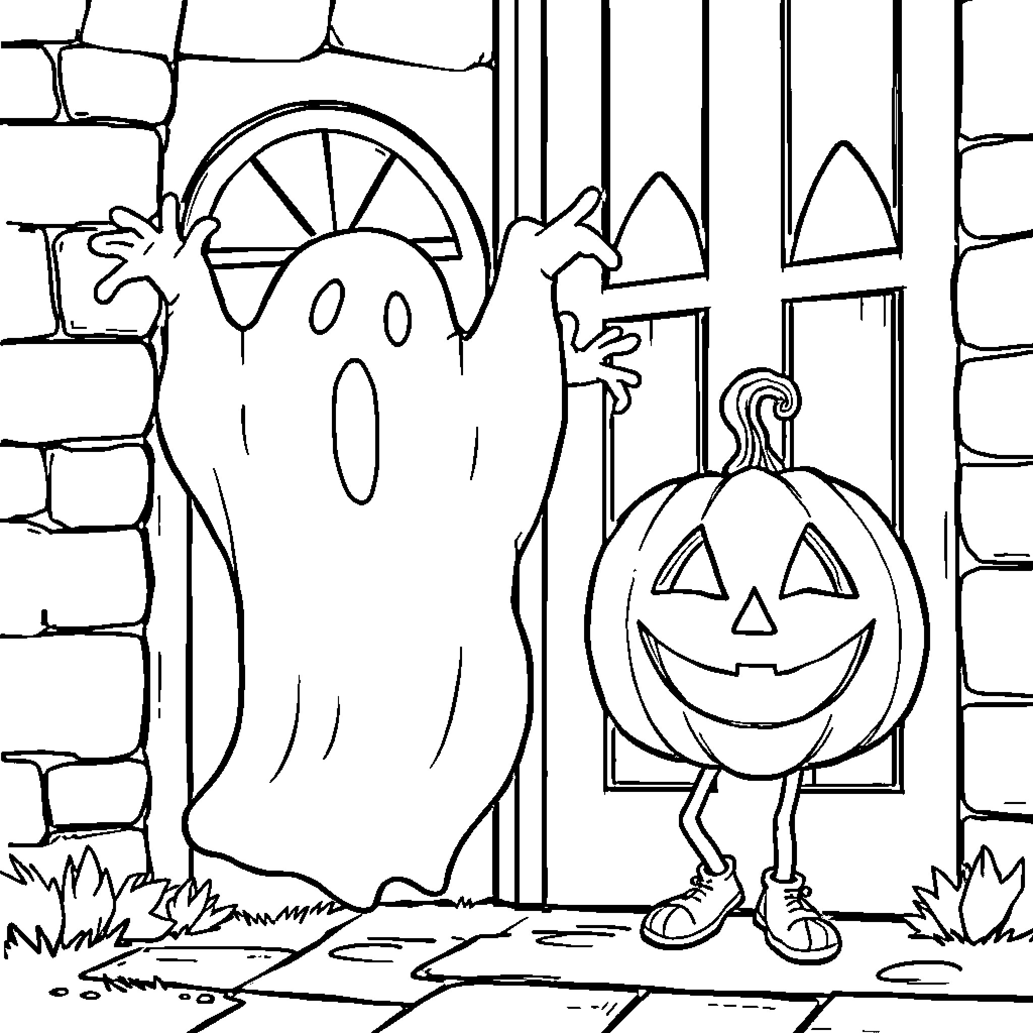 Ghost and Jack-O-Lantern outside haunted house Coloring Page (free black-and-white line drawing printable PDF for all, from beginners to advanced learners, including children, teens, adults, and seniors)