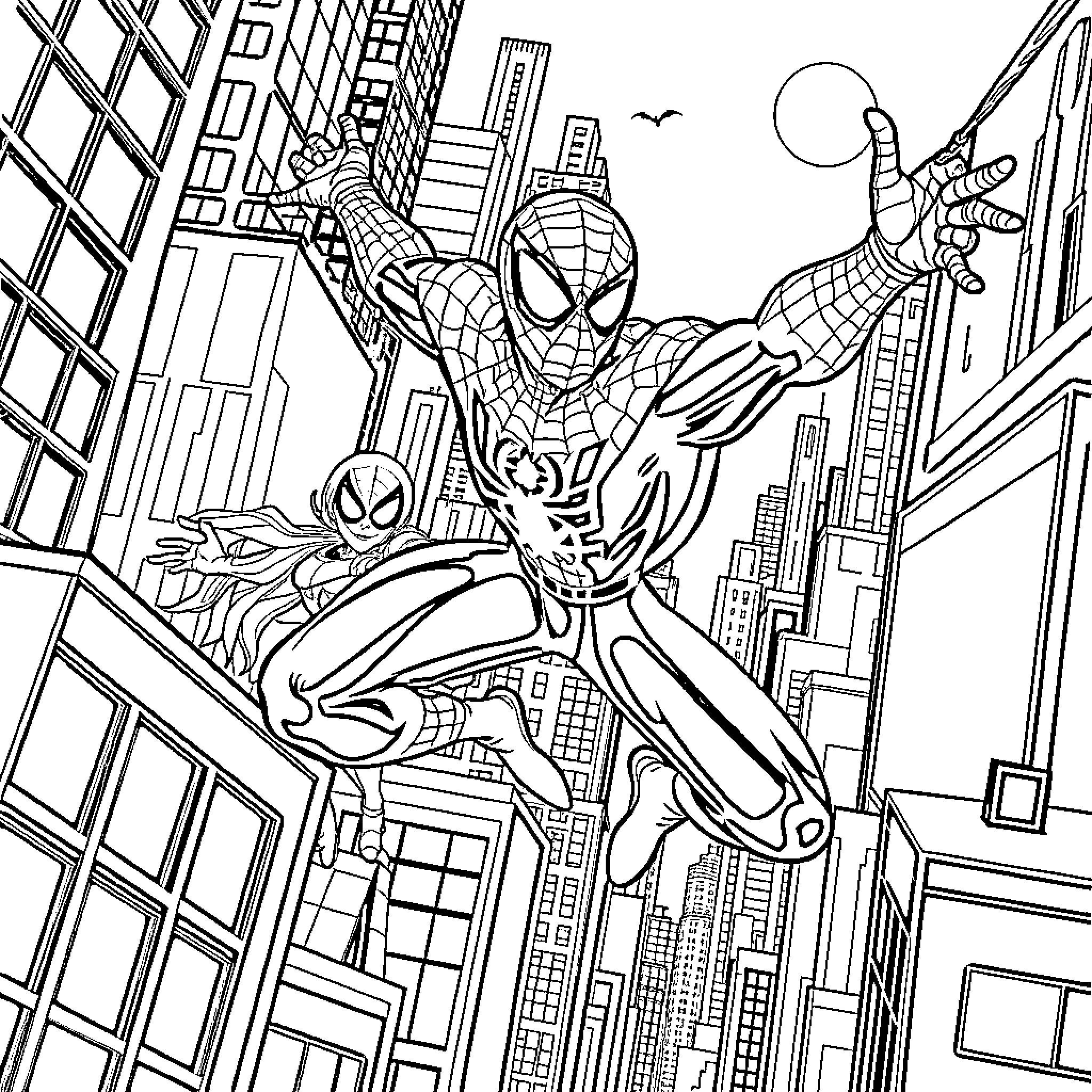 Spider-Man swinging through the city skyline Coloring Page (free black-and-white line drawing printable PDF for all, from beginners to advanced learners, including children, teens, adults, and seniors)