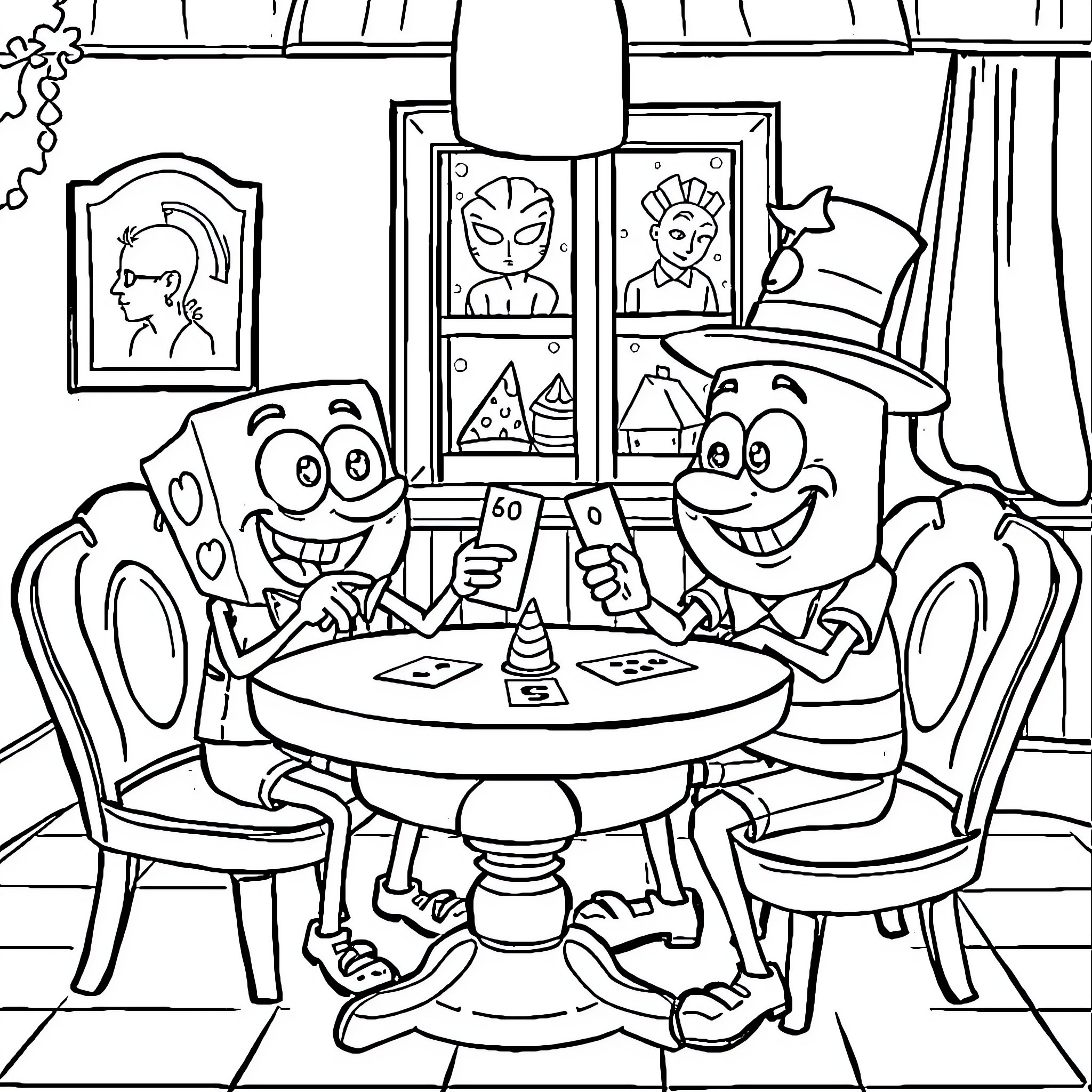 Bob esponja and friends having a lively party Coloring Page (free black-and-white line drawing printable PDF for all, from beginners to advanced learners, including children, teens, adults, and seniors)