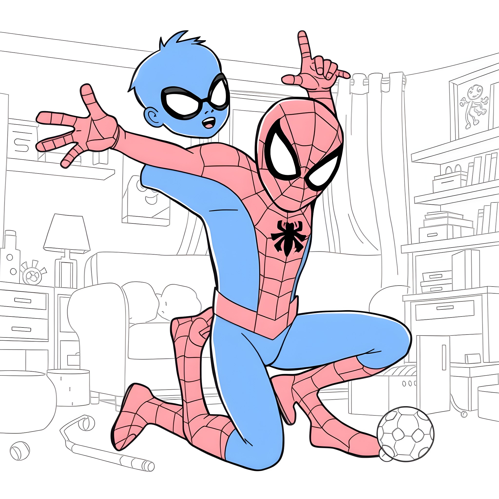 Bluey and Spiderman have a playful moment Coloring Page (free black-and-white line drawing printable PDF for all, from beginners to advanced learners, including children, teens, adults, and seniors)