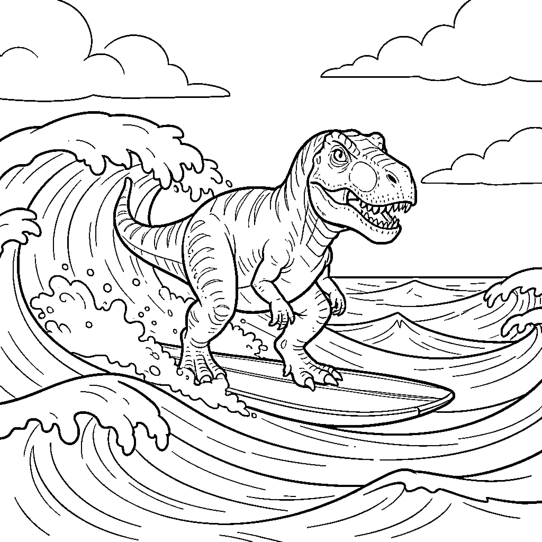 Dinosaur surfing on a large ocean wave Coloring Page (free black-and-white line drawing printable PDF for all, from beginners to advanced learners, including children, teens, adults, and seniors)