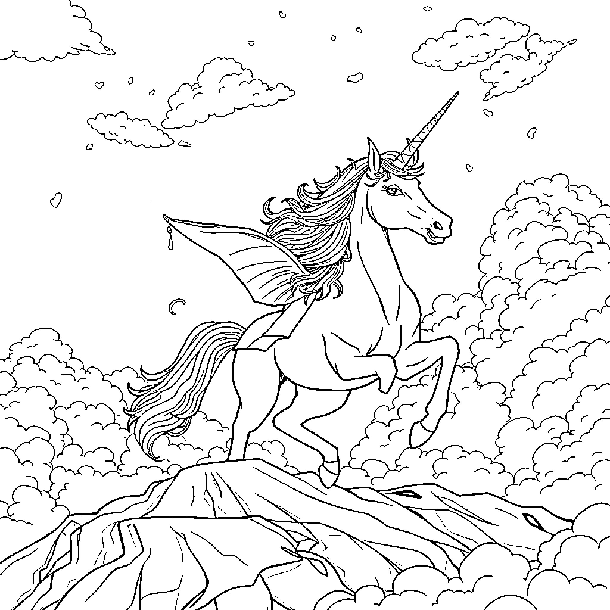 Rumi's Mythical Unicorn Soaring Through the Clouds Coloring Page (free black-and-white line drawing printable PDF for all, from beginners to advanced learners, including children, teens, adults, and seniors)