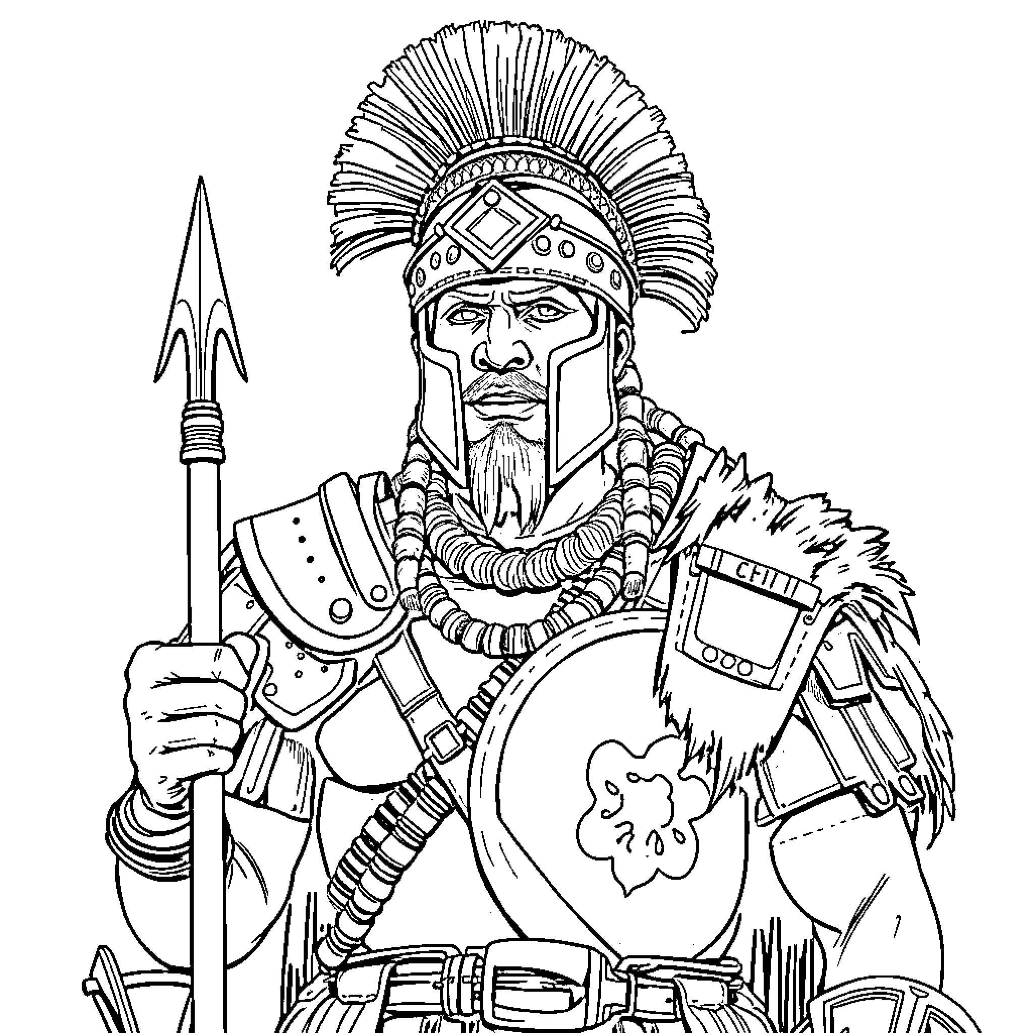 Warrior Wielding Spear in Ornate Tribal Attire Coloring Page (free black-and-white line drawing printable PDF for all, from beginners to advanced learners, including children, teens, adults, and seniors)