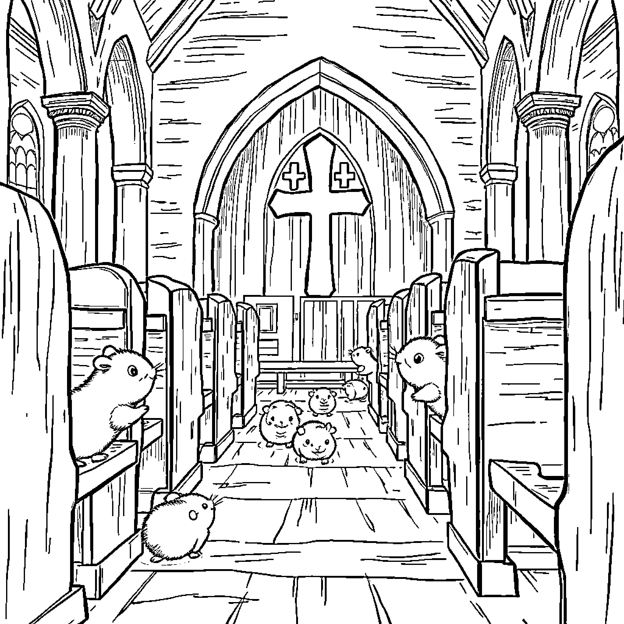 Lemmings exploring a grand cathedral Coloring Page (free black-and-white line drawing printable PDF for all, from beginners to advanced learners, including children, teens, adults, and seniors)