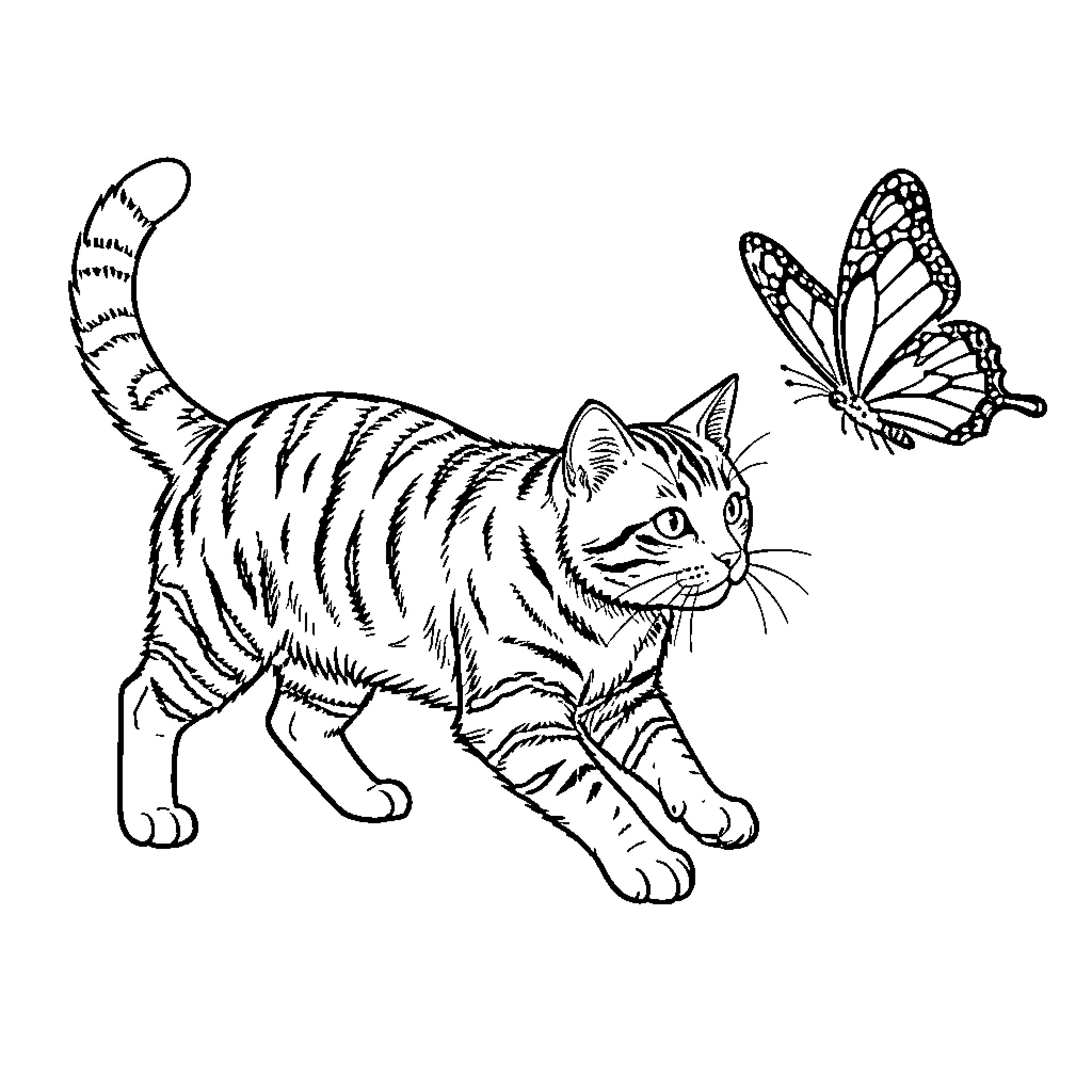 Gato exploring the butterfly garden Coloring Page (free black-and-white line drawing printable PDF for all, from beginners to advanced learners, including children, teens, adults, and seniors)