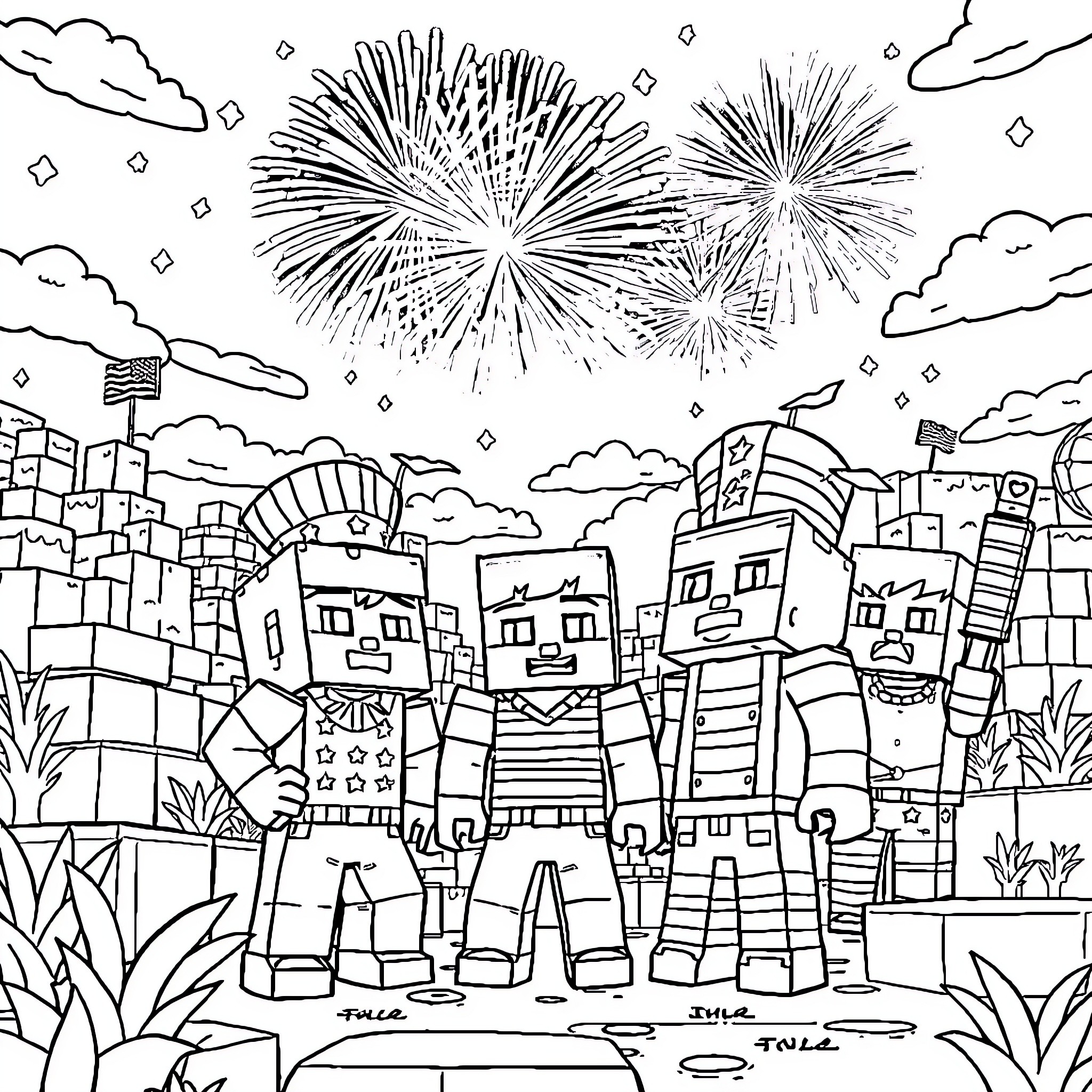 Minecraft characters celebrating with fireworks display Coloring Page (free black-and-white line drawing printable PDF for all, from beginners to advanced learners, including children, teens, adults, and seniors)