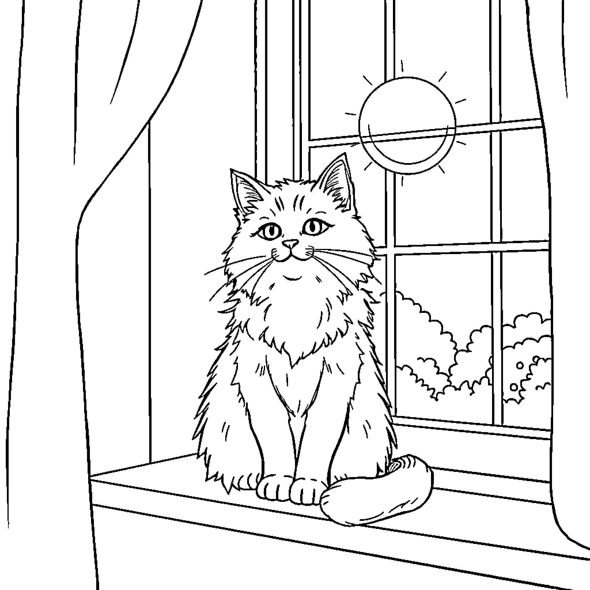 Cat gazing out window at sunny day Coloring Page (free black-and-white line drawing printable PDF for all, from beginners to advanced learners, including children, teens, adults, and seniors)