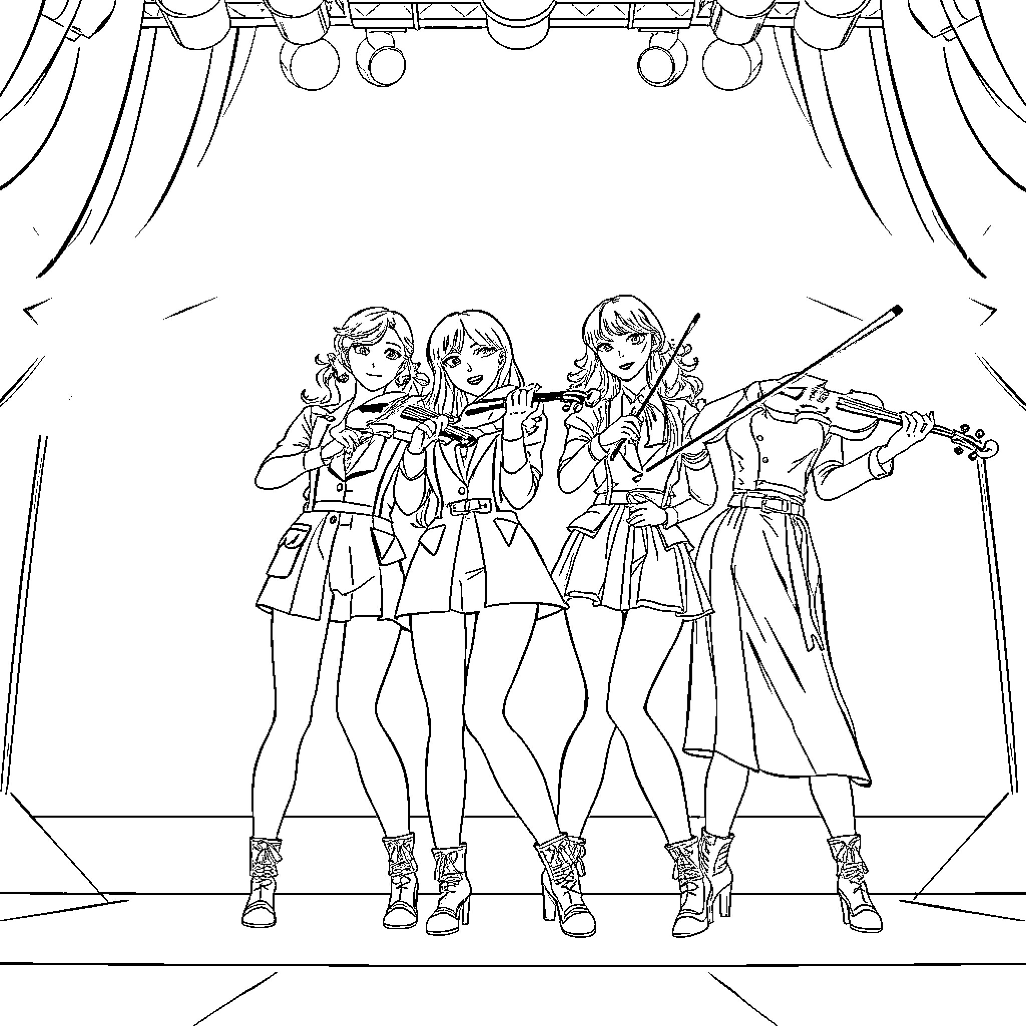 Guerrera Performers on Stage Coloring Page (free black-and-white line drawing printable PDF for all, from beginners to advanced learners, including children, teens, adults, and seniors)