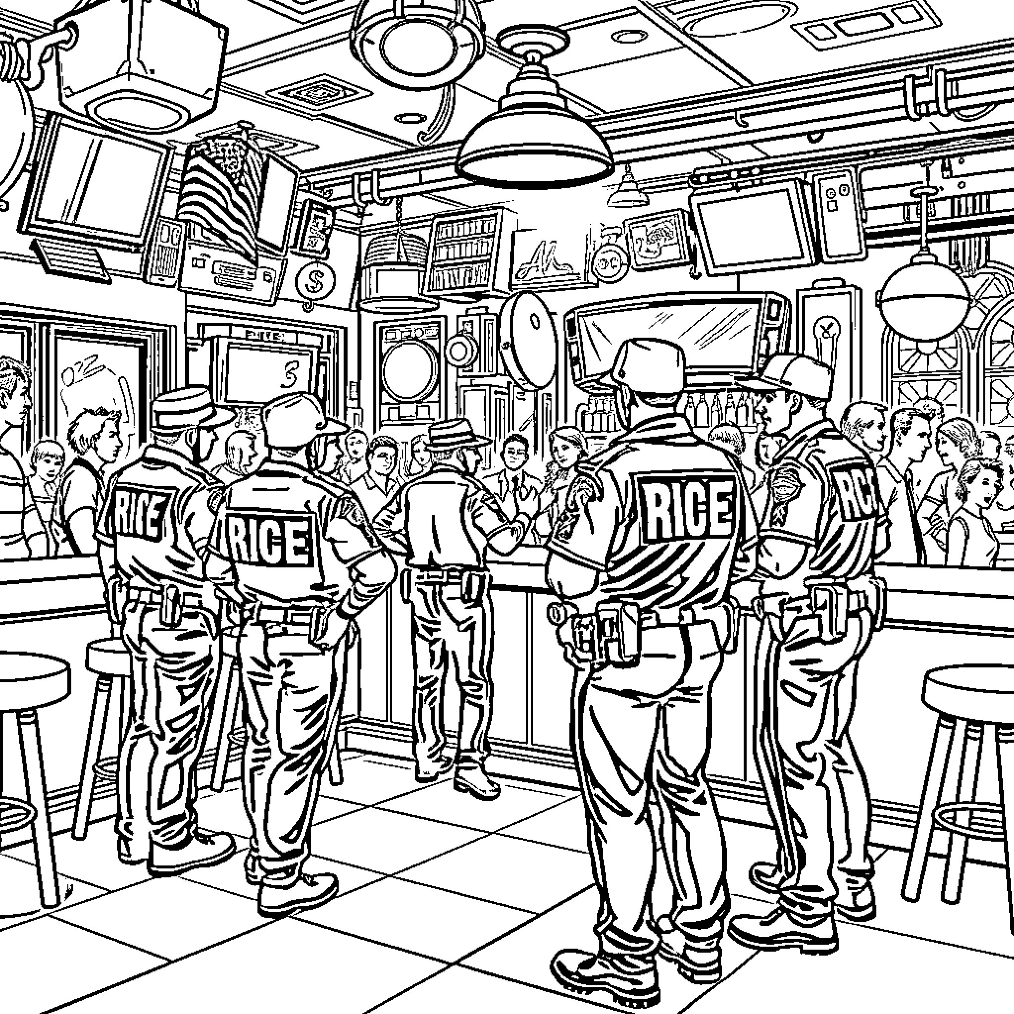 Ice Agent: Crowd Gathered in Lively Restaurant Setting Coloring Page (free black-and-white line drawing printable PDF for all, from beginners to advanced learners, including children, teens, adults, and seniors)