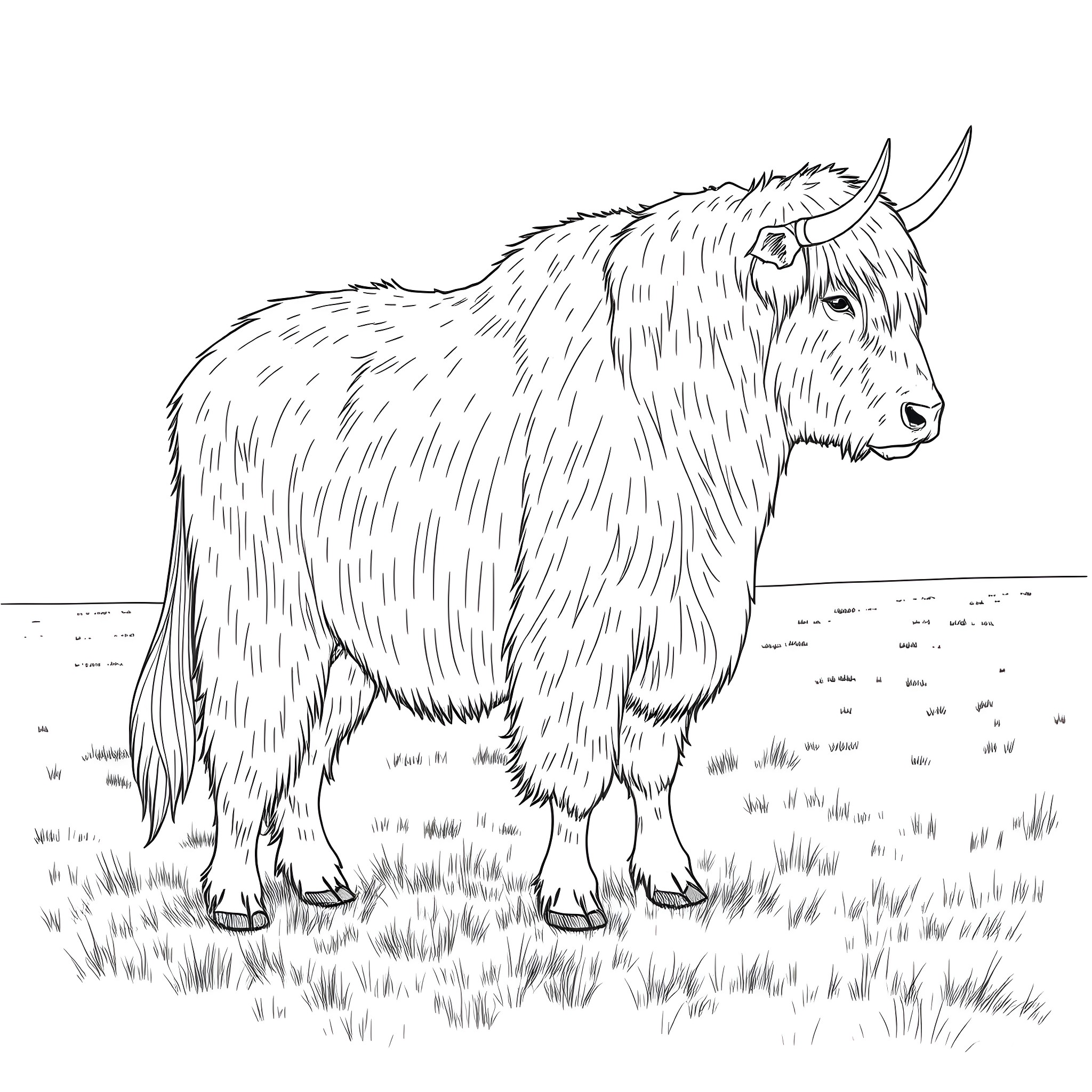 Yak standing in a grassy field Coloring Page (free black-and-white line drawing printable PDF for all, from beginners to advanced learners, including children, teens, adults, and seniors)