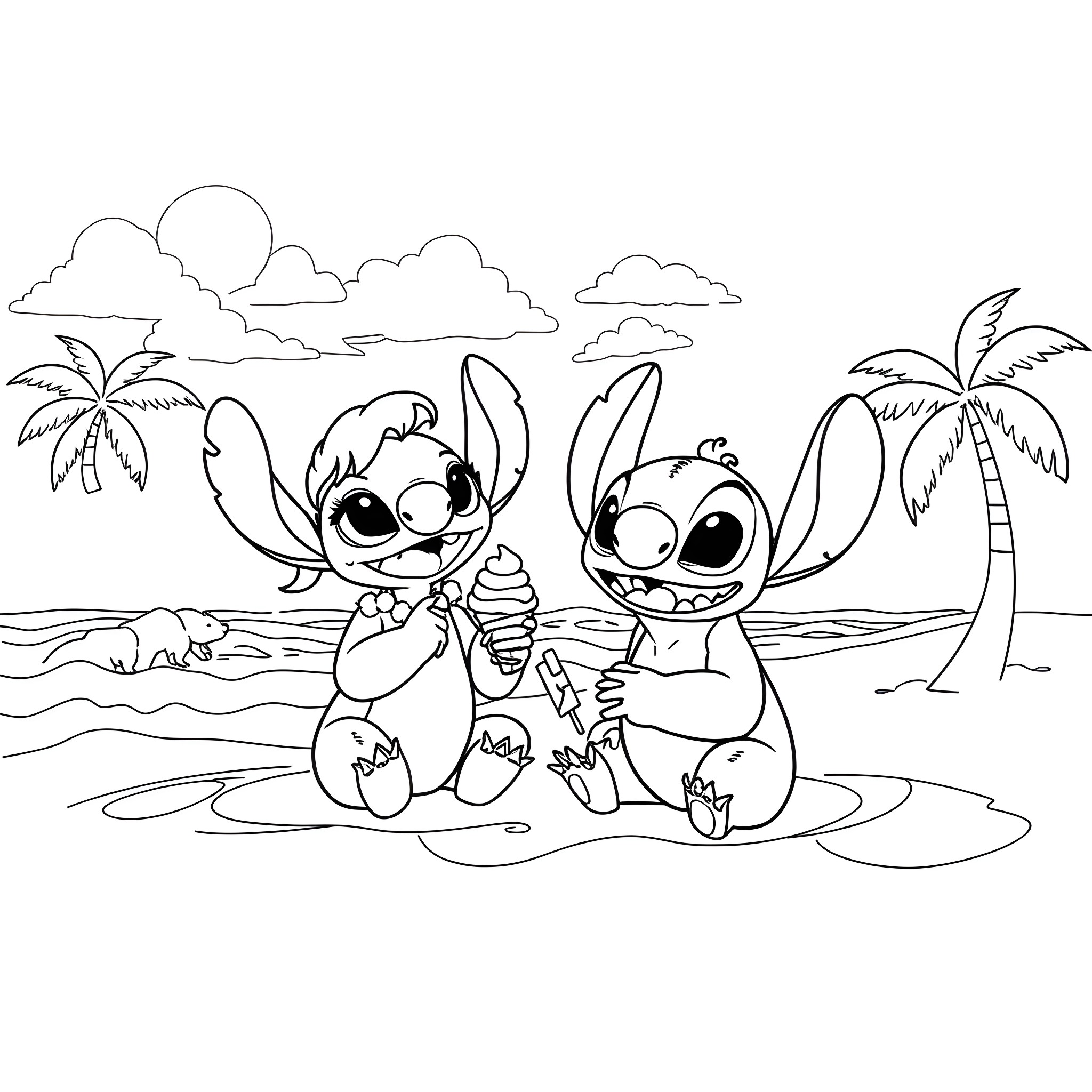 Lilo and Stitch playing on the beach Coloring Page (free black-and-white line drawing printable PDF for all, from beginners to advanced learners, including children, teens, adults, and seniors)