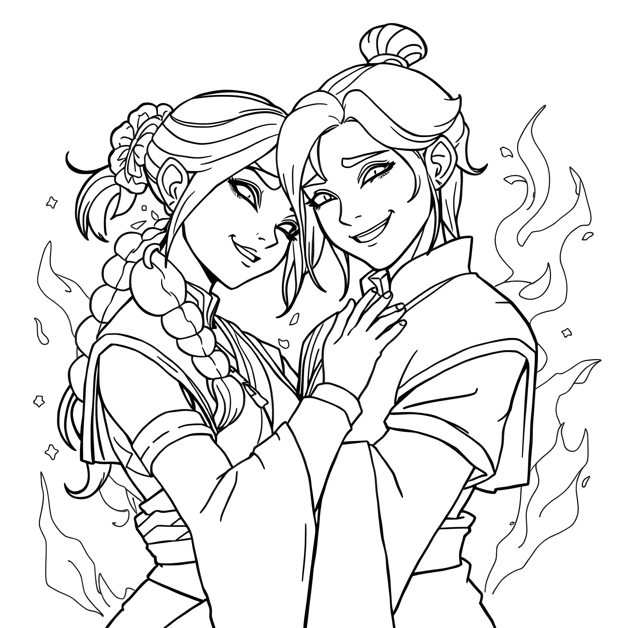 Korra and Asami embracing in a warm embrace Coloring Page (free black-and-white line drawing printable PDF for all, from beginners to advanced learners, including children, teens, adults, and seniors)