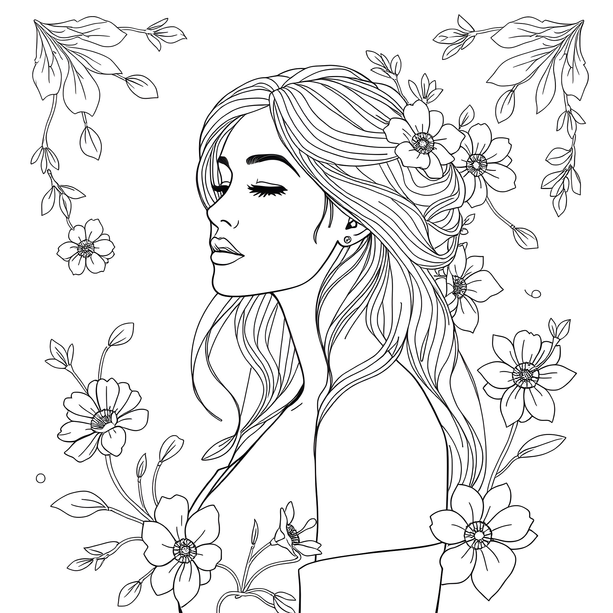 Woman with flowing hair and floral decorations Coloring Page (free black-and-white line drawing printable PDF for all, from beginners to advanced learners, including children, teens, adults, and seniors)