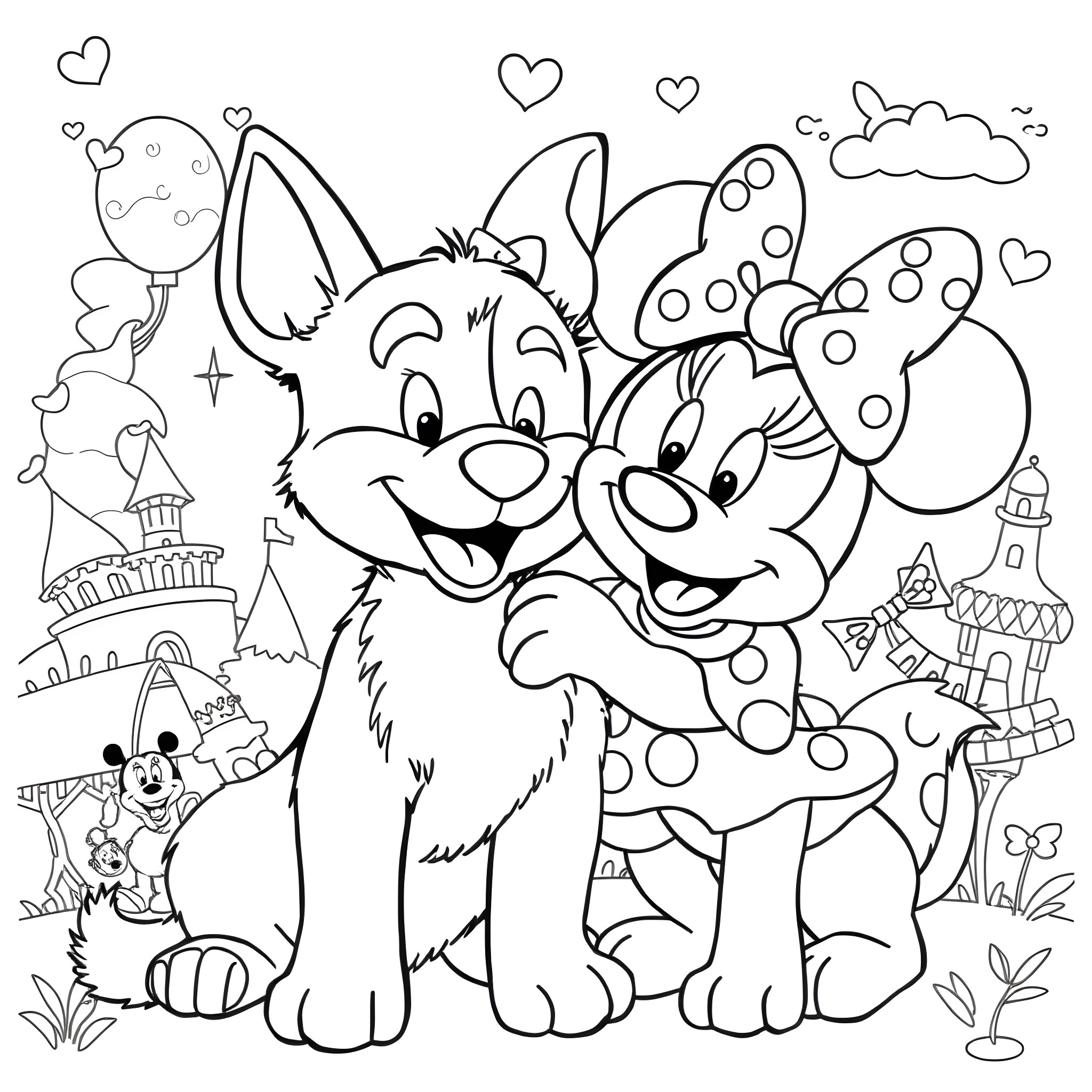 Bluey's Playful Adventure with Friends Coloring Page (free black-and-white line drawing printable PDF for all, from beginners to advanced learners, including children, teens, adults, and seniors)