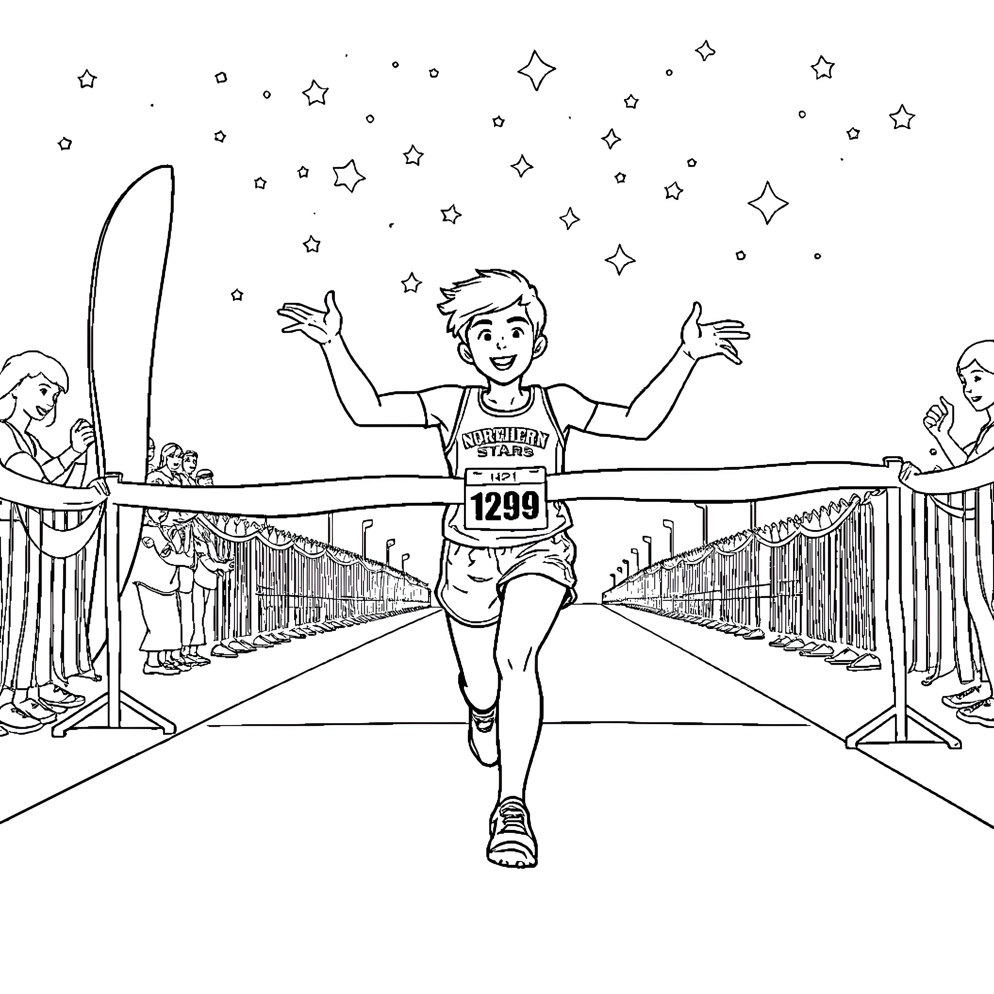 Athlete Celebrates Victorious Finish at Marathon Coloring Page (free black-and-white line drawing printable PDF for all, from beginners to advanced learners, including children, teens, adults, and seniors)